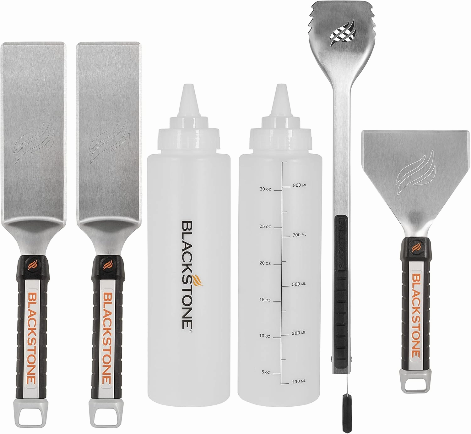 Blackstone Grill Scraper, Heavy Duty BBQ Tongs, Barbecue Metal Hamburger Spatula 2 & Batter Dispenser & Mixer Bottle – Grilling Tools & Accessory