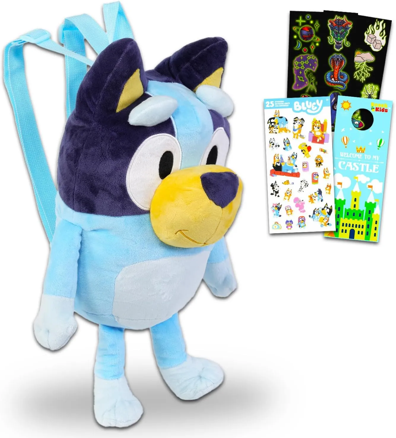 Bluey Plushie Toy Set - Bundle with 18" Bluey Plush Doll with Carrying Straps Plus Stickers, More | Bluey Stuffed Animal for Kids, Boys, Girls