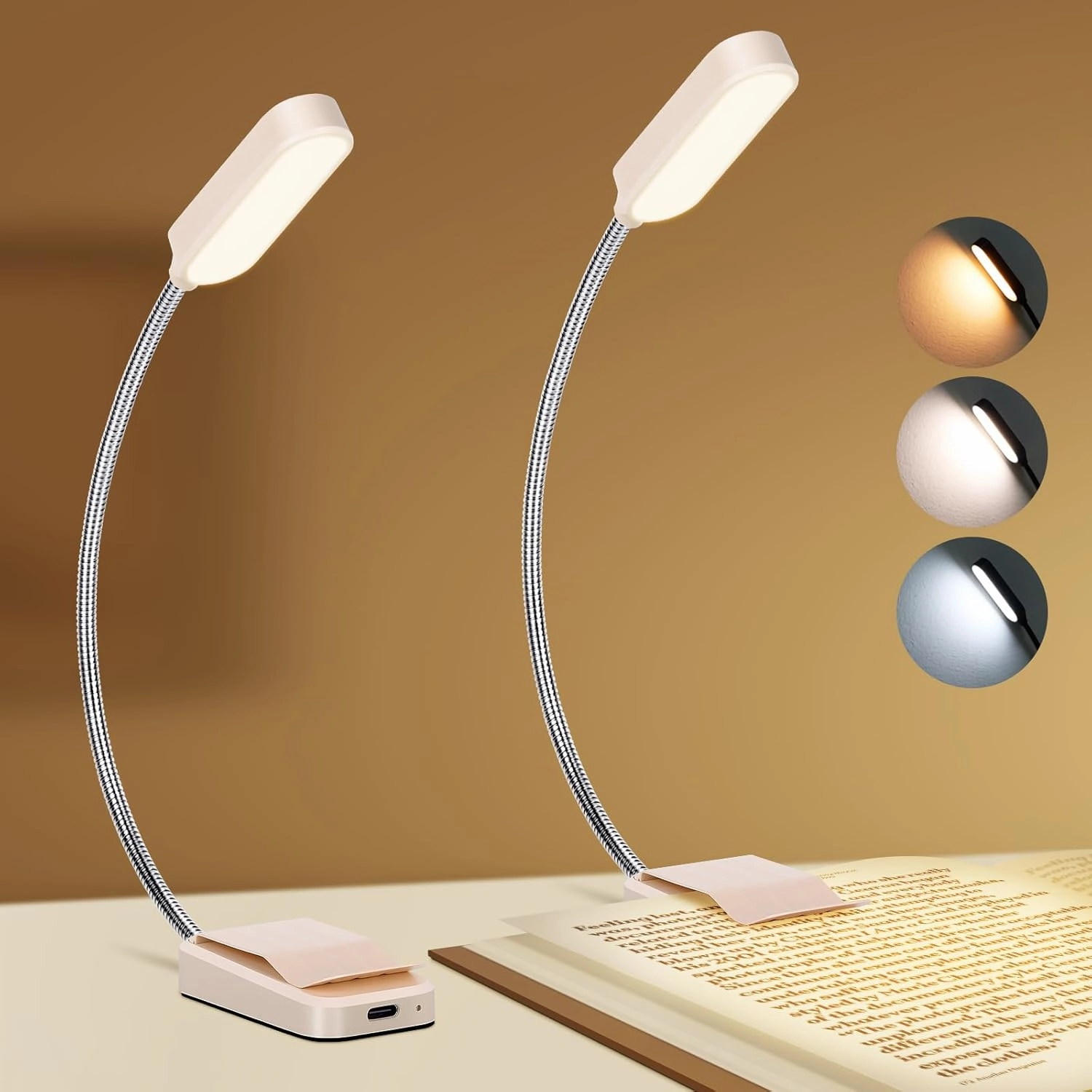Book Light 2 Pack, Rechargeable Reading Lights for Books in Bed-Eye Caring 3 Colors, Stepless Dimming, 360° Flexible Studying Small Desk Lamp, Lightweight Clip-on LED Night Light for Book Lovers, Kids