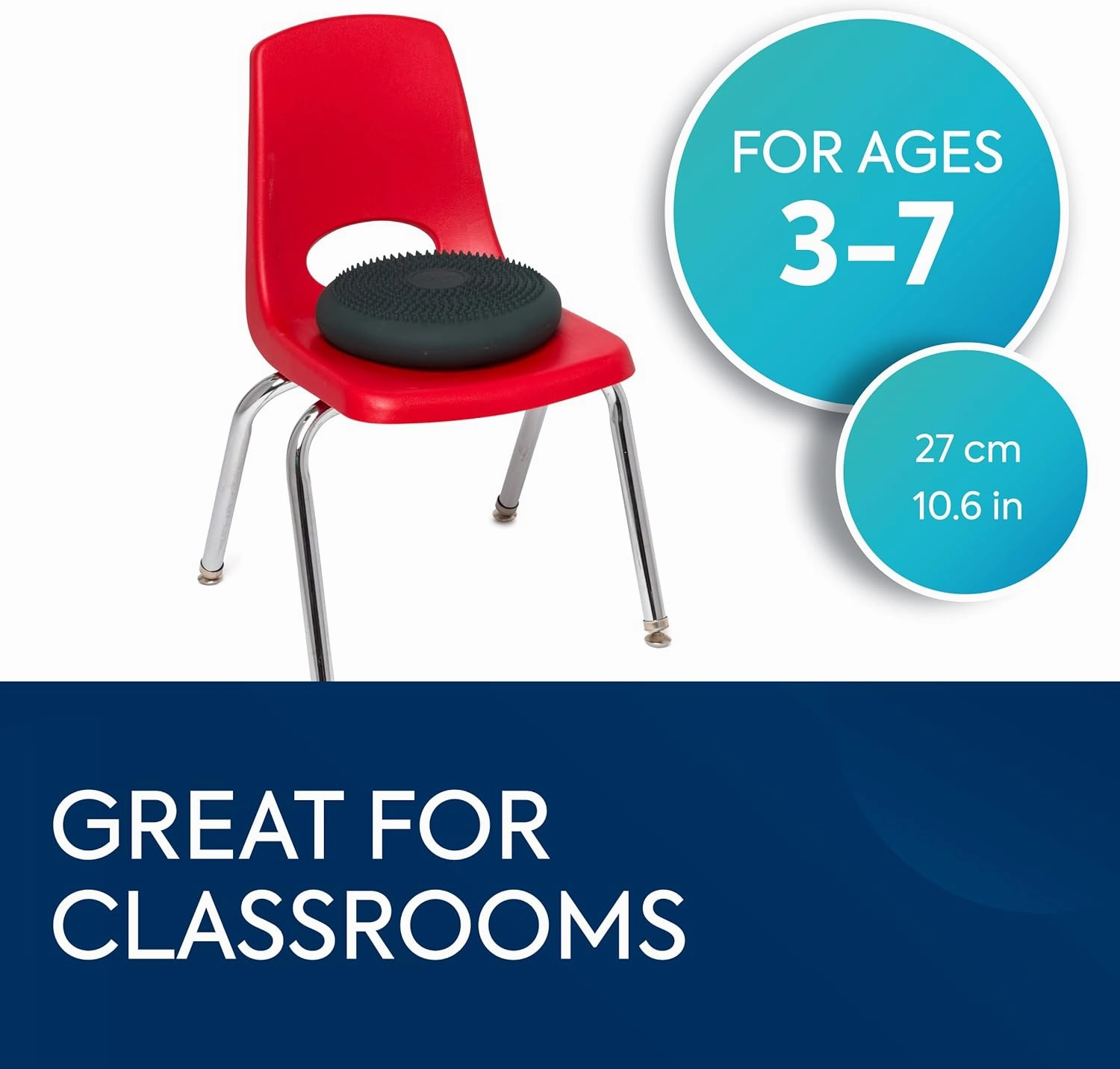 BouncyBand Wiggle Seat, Gray, 1-Pack – Small 10.75” D x 2.5” H Wobble Cushion for Kids Aged 3-7 – Sensory Tool Promotes Active Learning & Improves Productivity – Includes Pump for Easy-Inflation