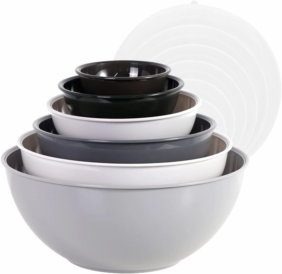 BoxedHome BPA Free Plastic Round Mixing Bowl with Lids, 12 Pack Nesting Bowls with Lids Set, Microwave and Dishwasher Safe Prep & Serving Bowls Great for Mixing, Baking, Serving (Grey, 12pcs)