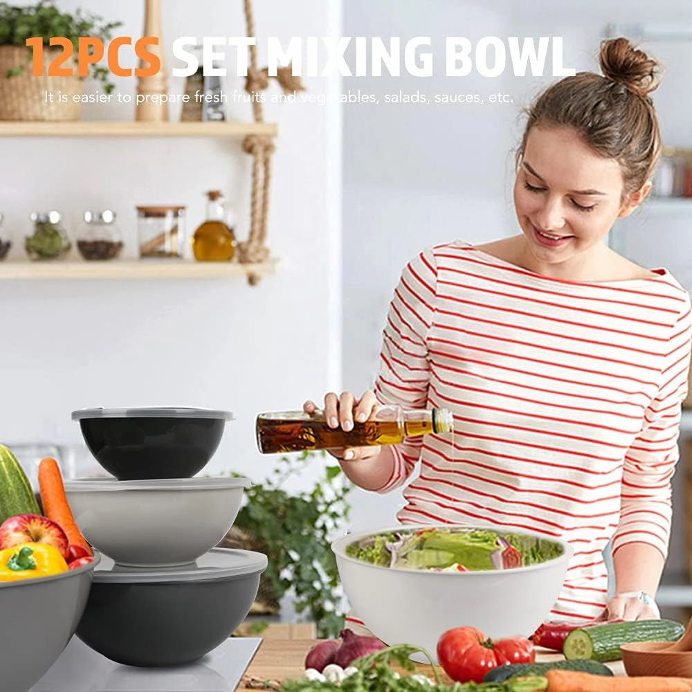 BoxedHome BPA Free Plastic Round Mixing Bowl with Lids, 12 Pack Nesting Bowls with Lids Set, Microwave and Dishwasher Safe Prep & Serving Bowls Great for Mixing, Baking, Serving (Grey, 12pcs)