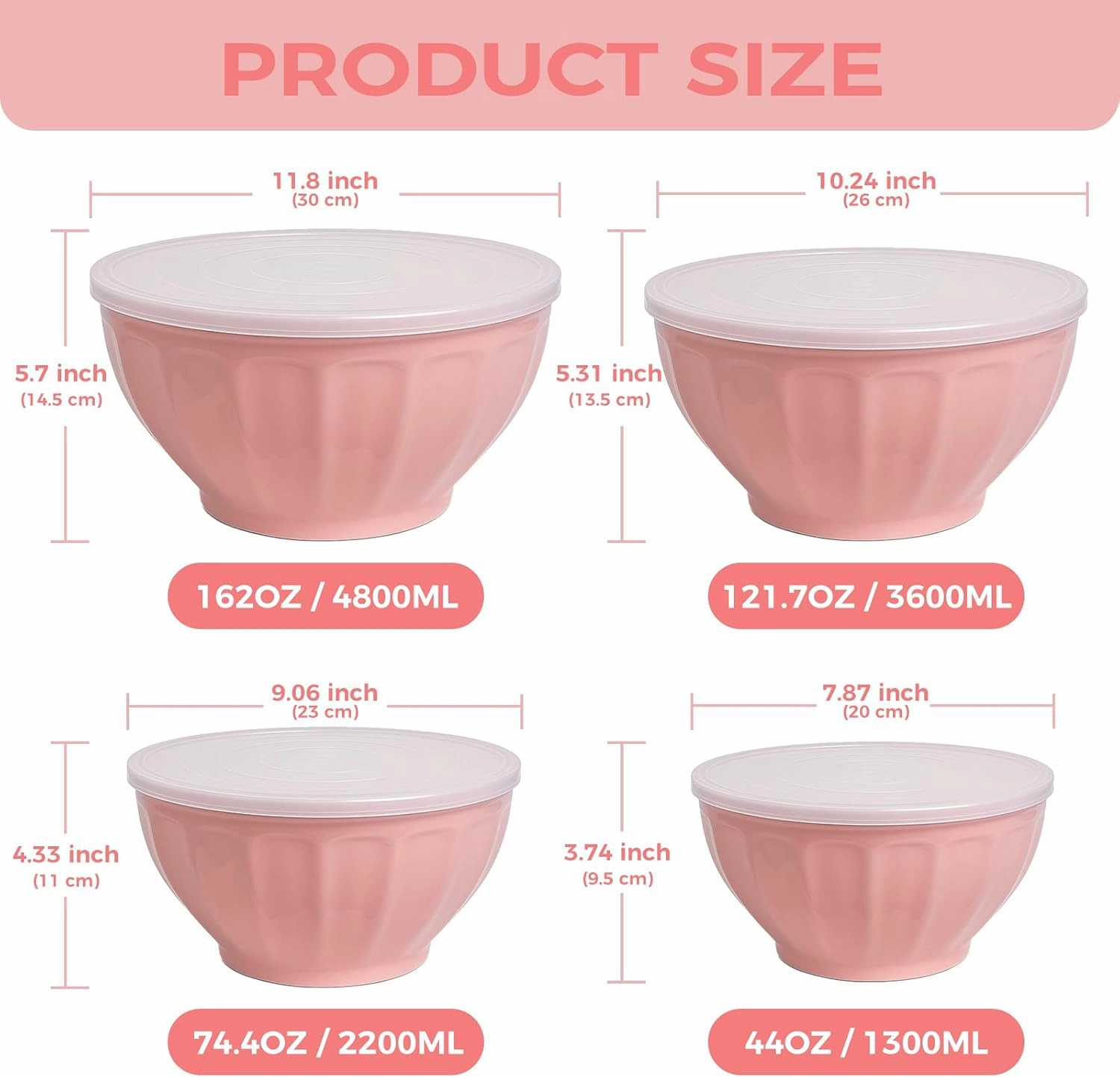 BoxedHome Mixing Bowls with Lids Set, 4PK Large 0.2” Thick Plastic Nesting Mixing Bowl, Microwave Safe,Size 1.37,2.32,3.8 and 5.07qt, Pink