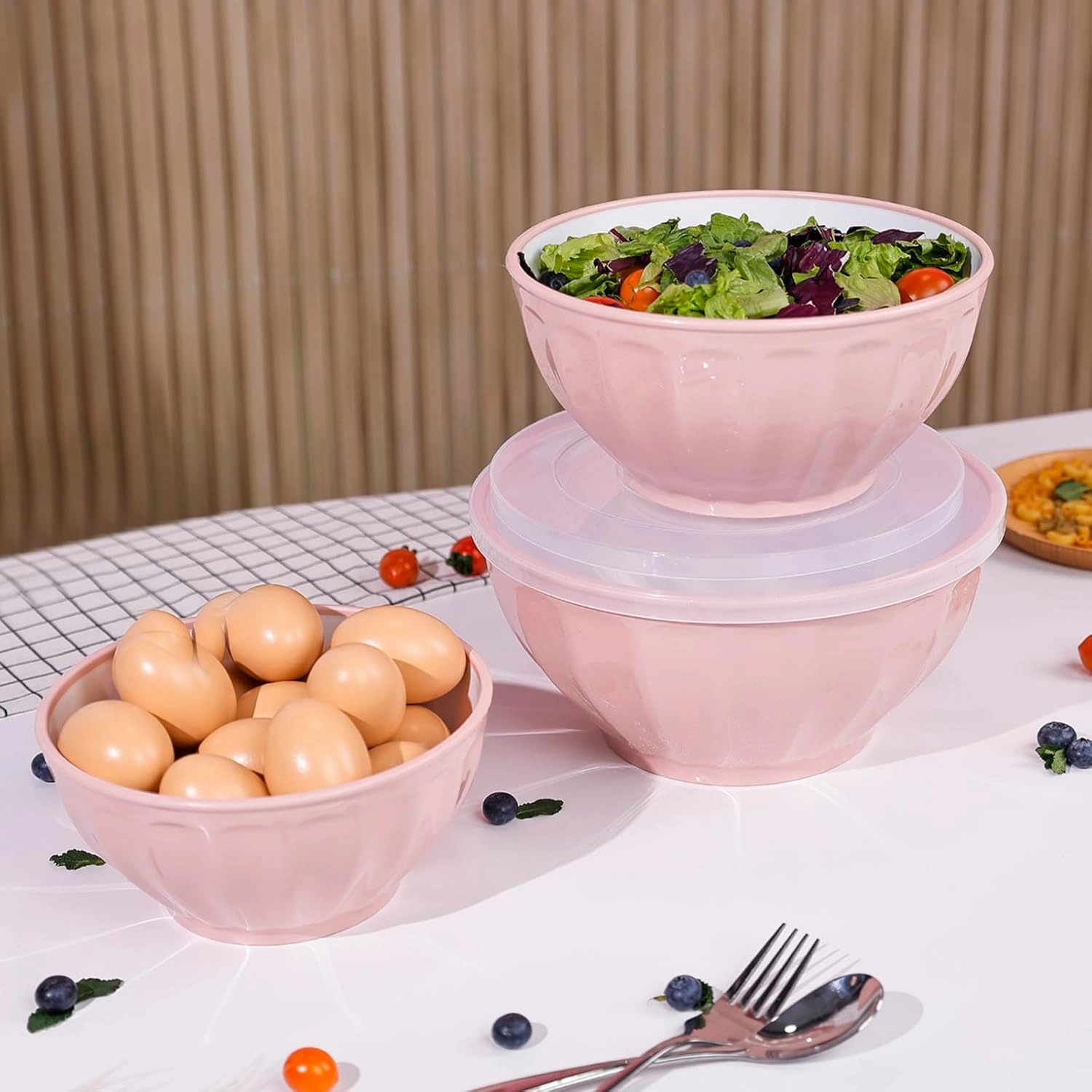 BoxedHome Mixing Bowls with Lids Set, 4PK Large 0.2” Thick Plastic Nesting Mixing Bowl, Microwave Safe,Size 1.37,2.32,3.8 and 5.07qt, Pink