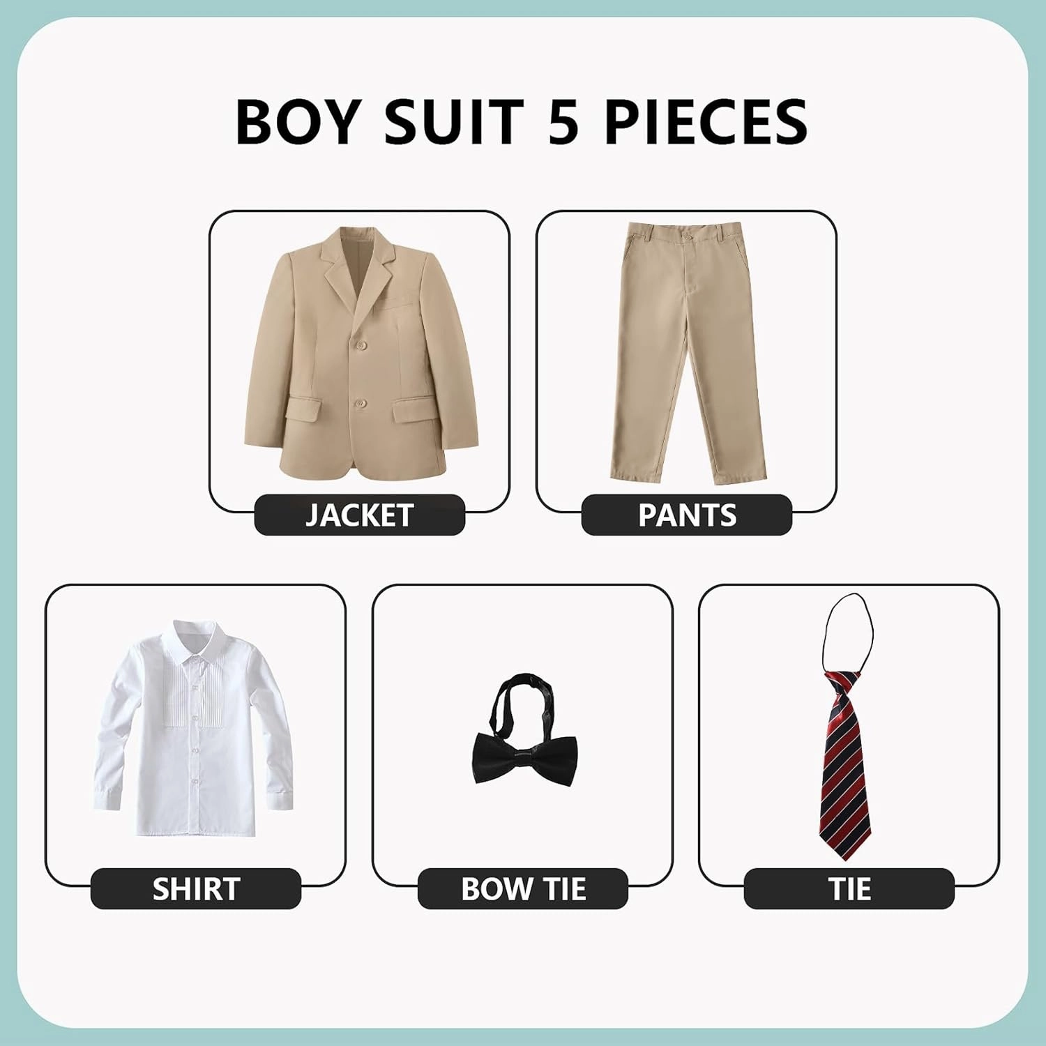 Boys Formal Suit Set Kids 5 Piece Suit Jacket Pants Set with Dress Shirt and Tie Prom Wedding Tuxedo Suits