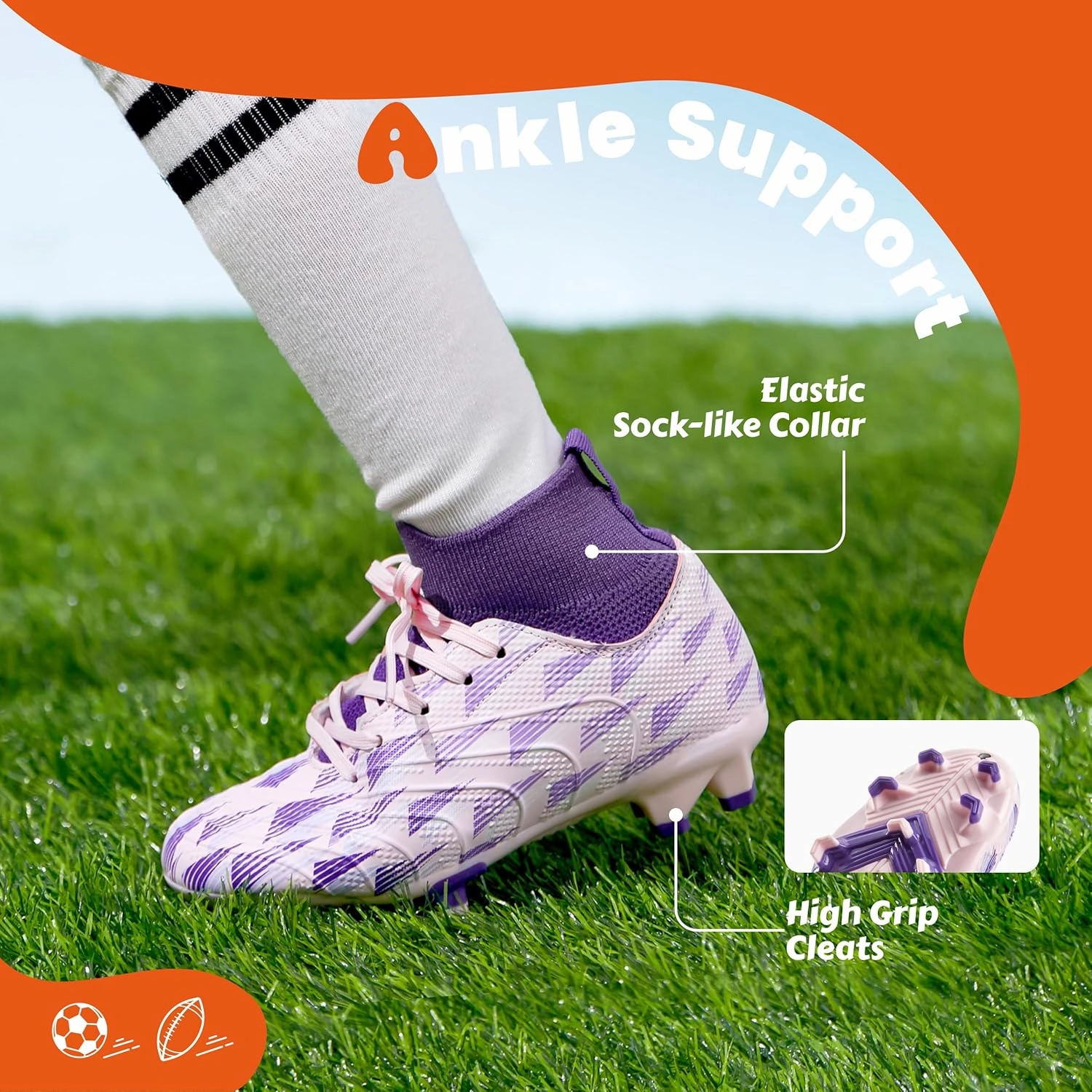 Boys Girls Soccer Cleats High Top Lightweight Training Football Shoes Little Big Kid Youth Firm Ground Athletic Outdoor Turf Indoor Lace Up Non-Slip Comfortable Durable Flexible Traction Breathable