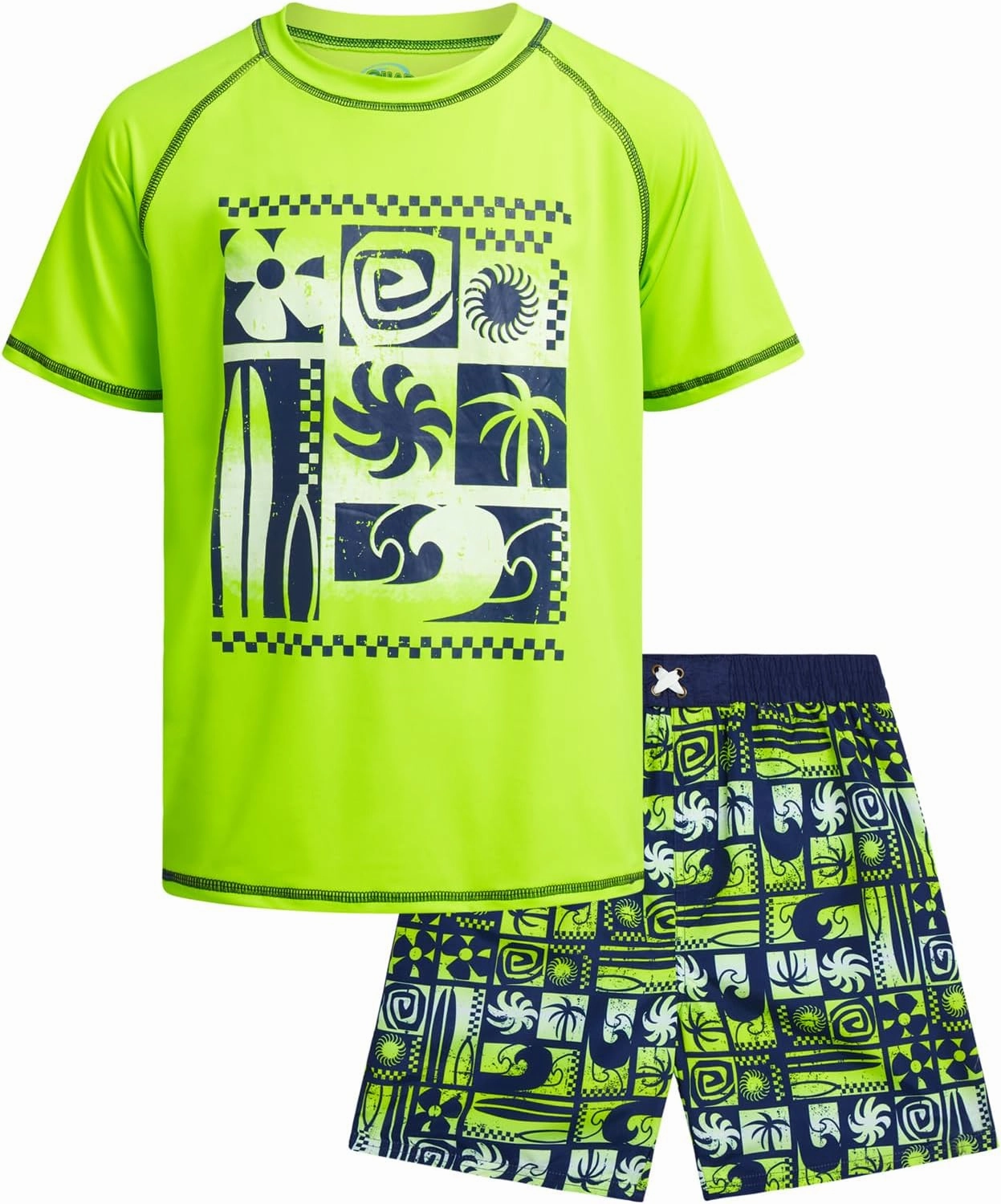Boys Rash Guard Swimsuit Set - Kids Short Sleeve Bathing Suit Swimwear Sets (Sizes: 5-12)