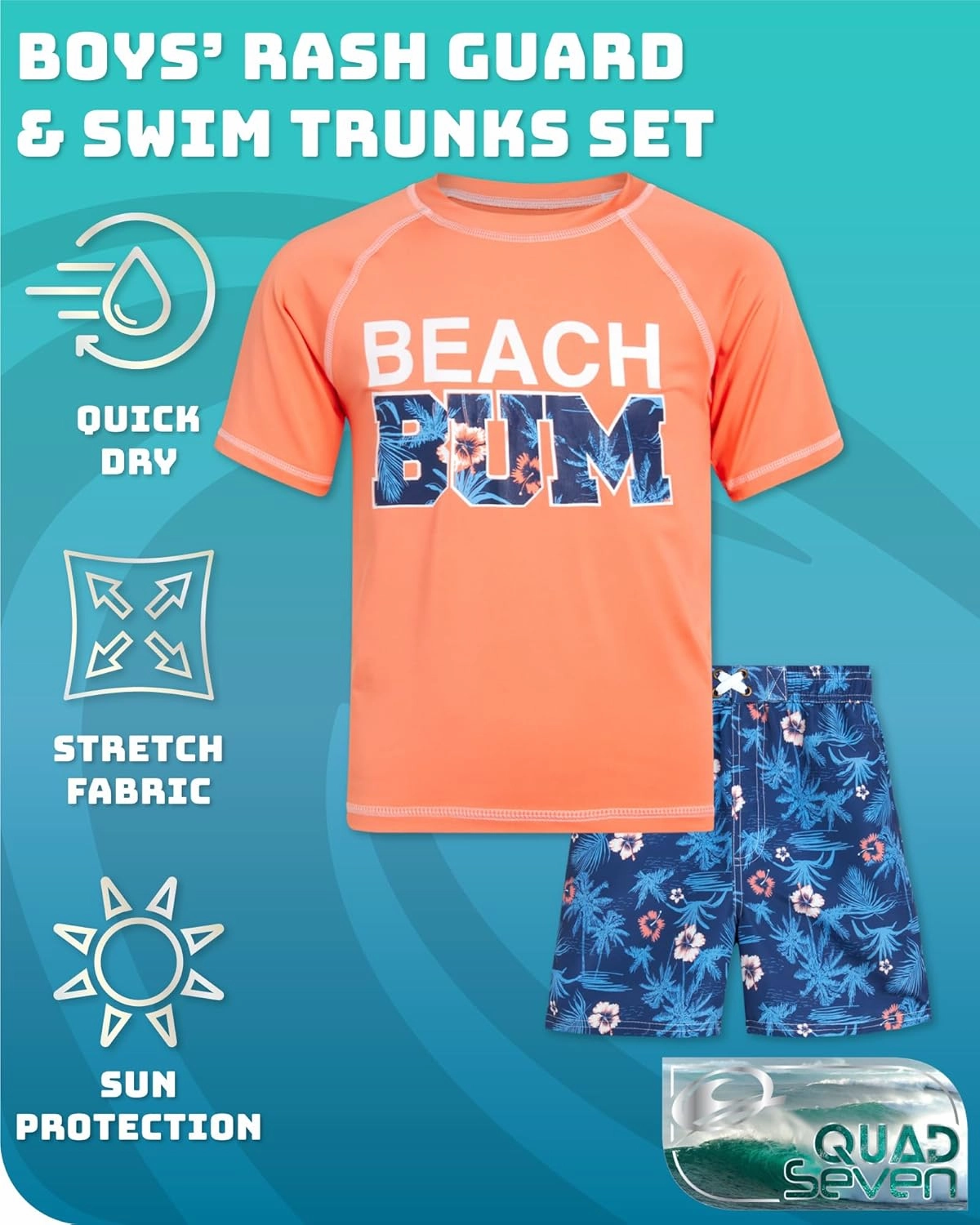 Boys Rash Guard Swimsuit Set - Kids Short Sleeve Bathing Suit Swimwear Sets (Sizes: 5-12)