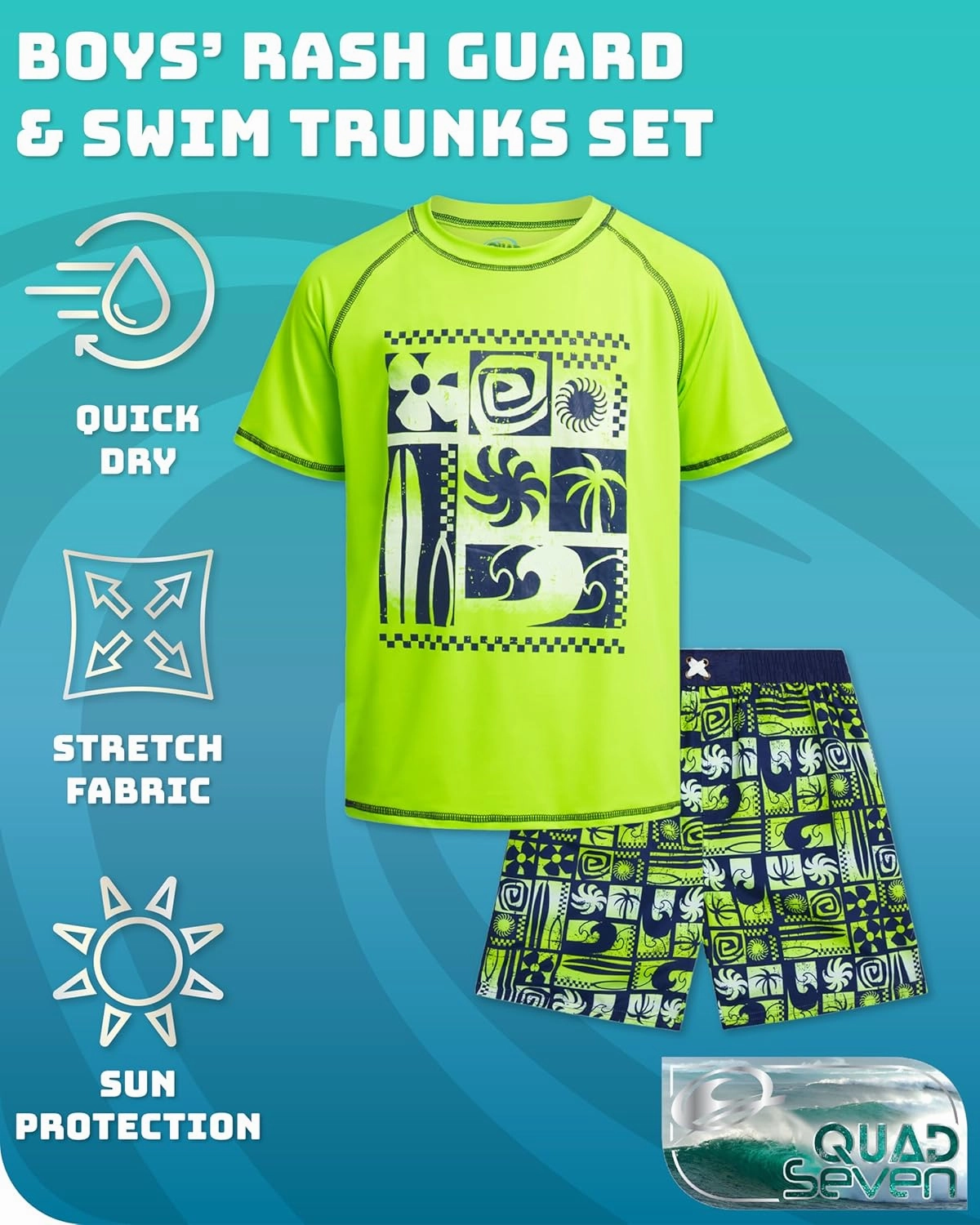 Boys Rash Guard Swimsuit Set - Kids Short Sleeve Bathing Suit Swimwear Sets (Sizes: 5-12)