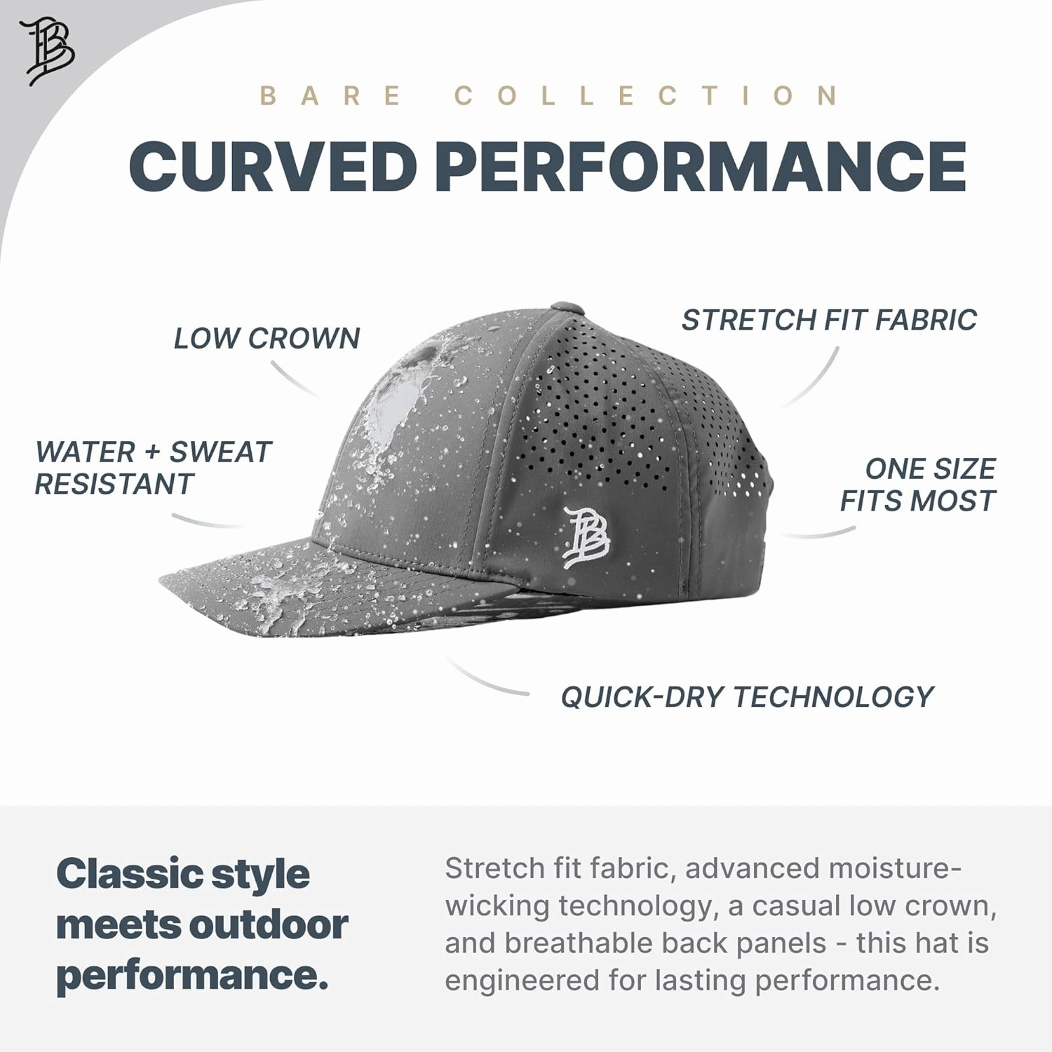 Branded Bills Bare Performance Hat, with Flexfit Sweatband, Adjustable Snapback, Comfort Stretch, Quick Dry, Water Repellent