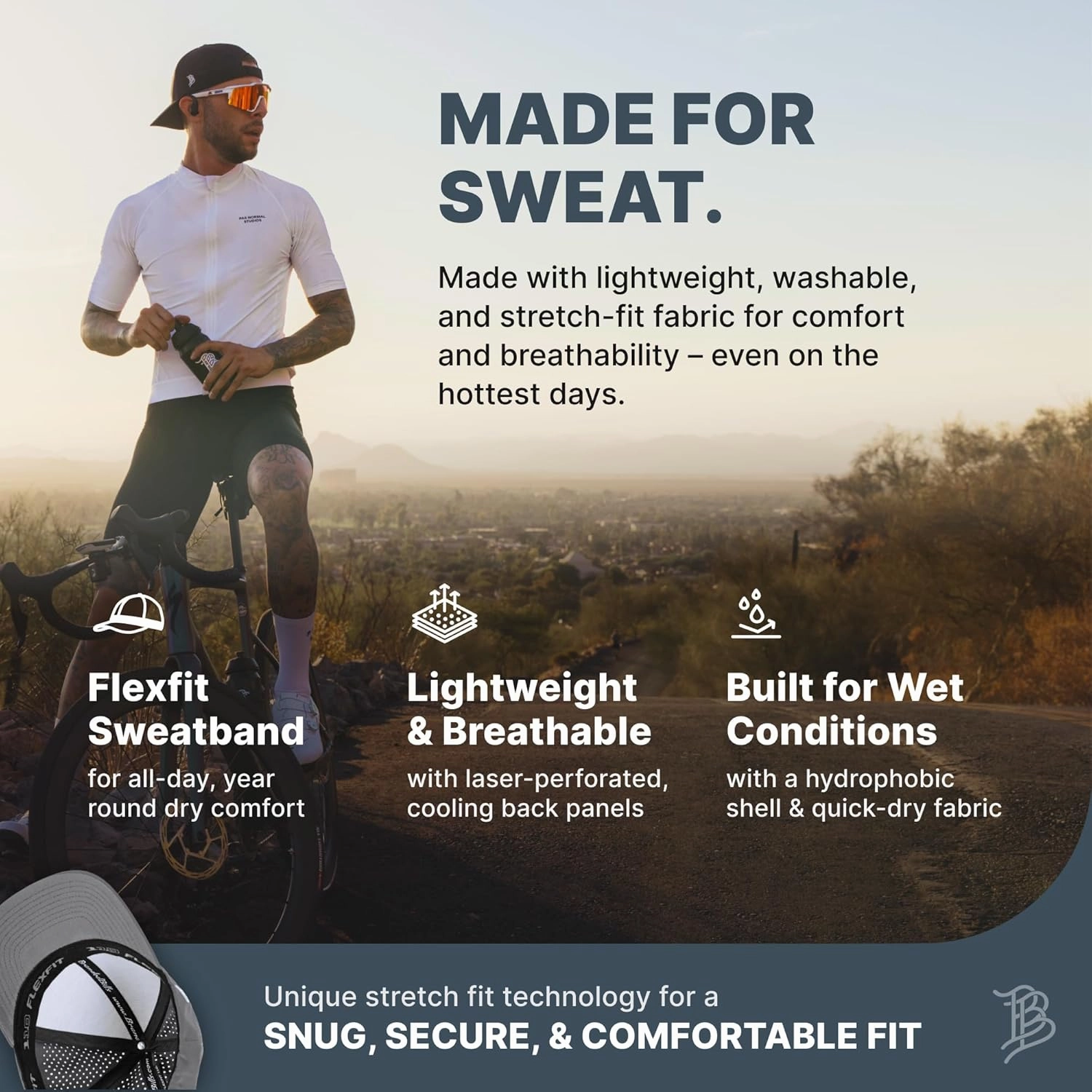 Branded Bills Bare Performance Hat, with Flexfit Sweatband, Adjustable Snapback, Comfort Stretch, Quick Dry, Water Repellent