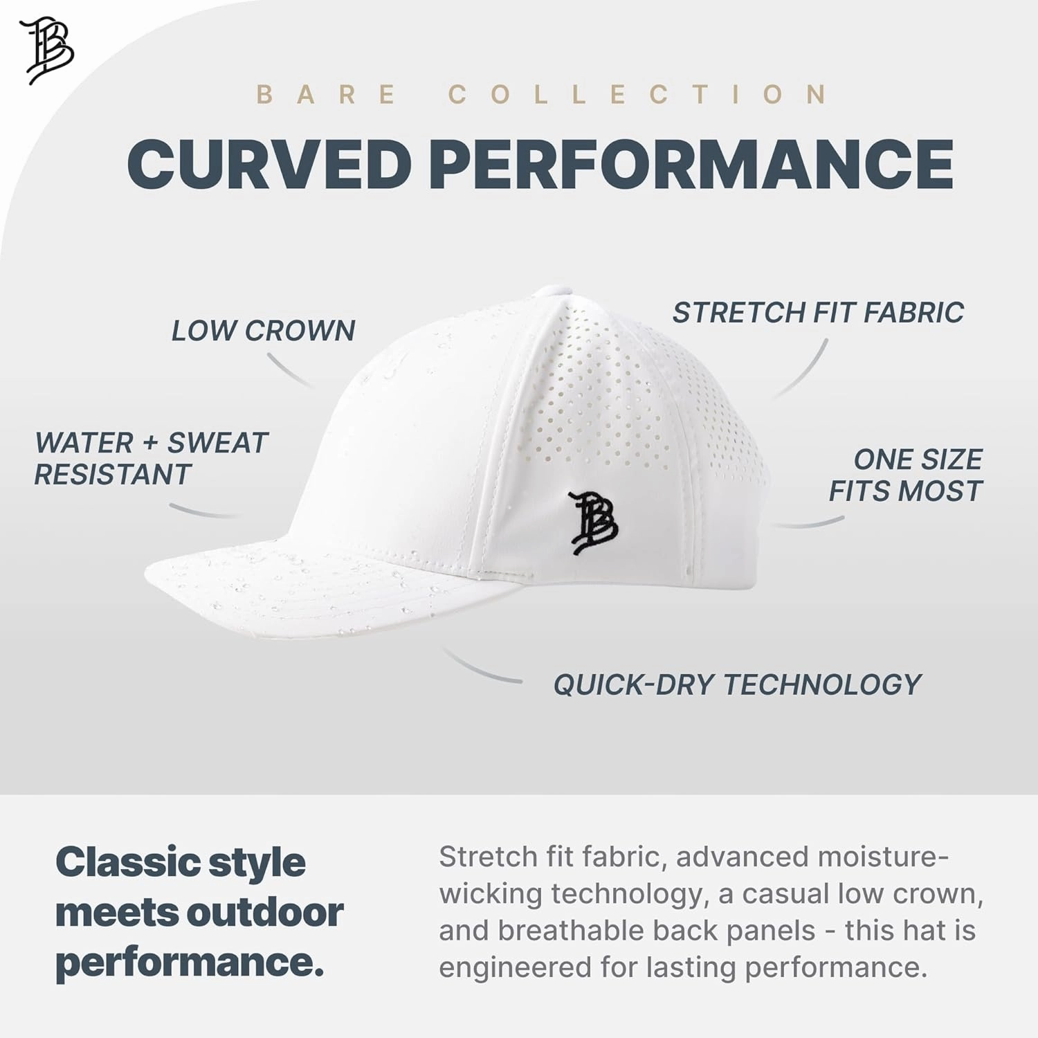 Branded Bills Bare Performance Hat, with Flexfit Sweatband, Adjustable Snapback, Comfort Stretch, Quick Dry, Water Repellent