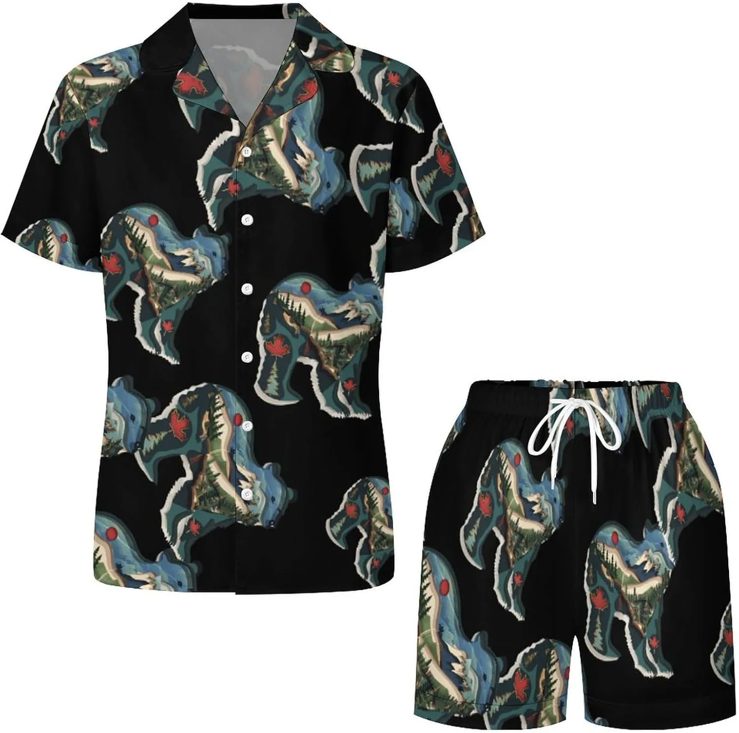 British Columbia Bear Women's Satin Pajama Set Short Sleeve Button Down Sleepwear Loungewear Pj Set