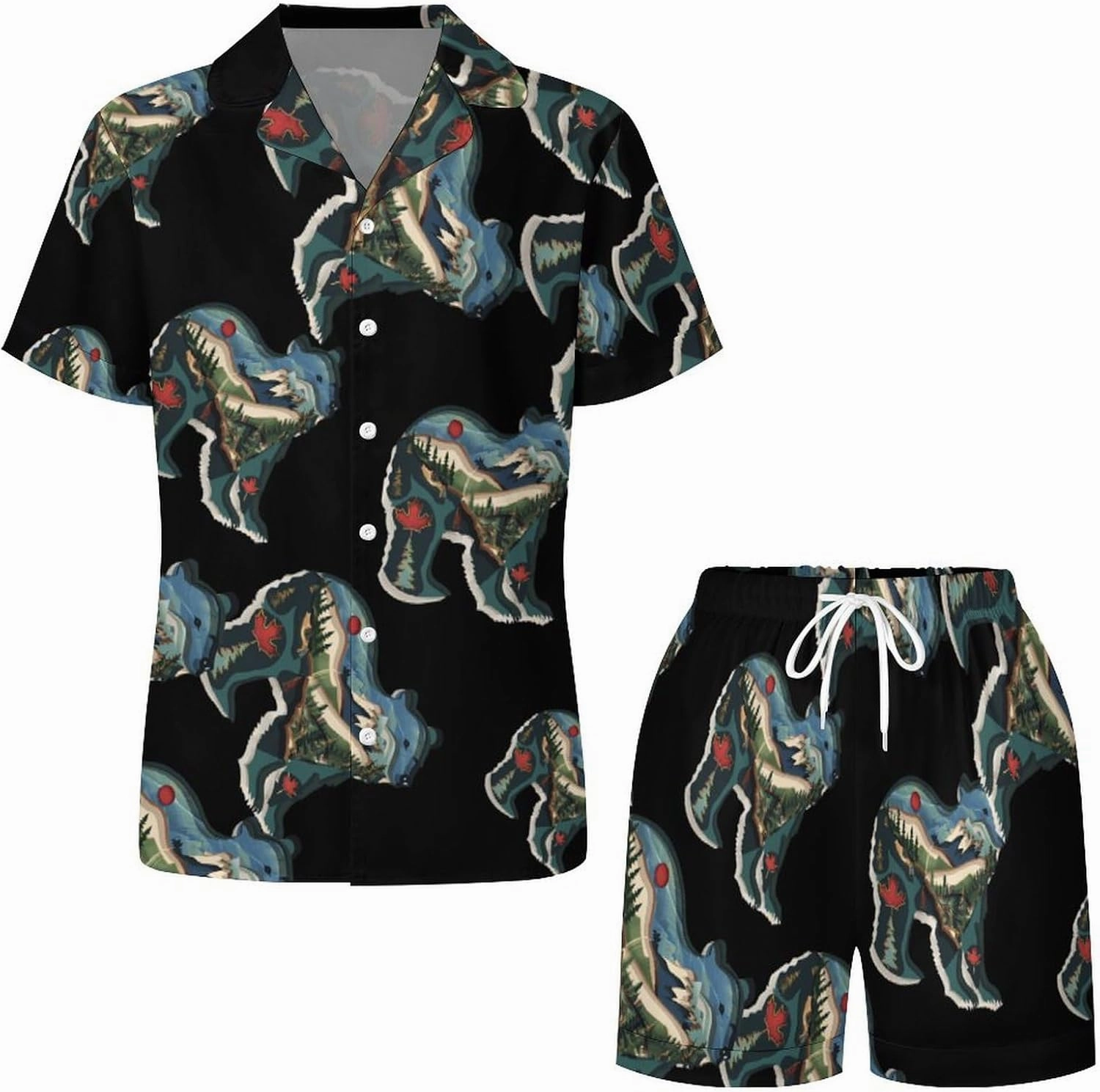 British Columbia Bear Women's Satin Pajama Set Short Sleeve Button Down Sleepwear Loungewear Pj Set