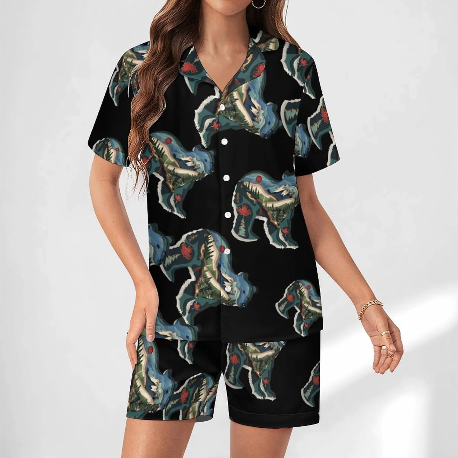 British Columbia Bear Women's Satin Pajama Set Short Sleeve Button Down Sleepwear Loungewear Pj Set