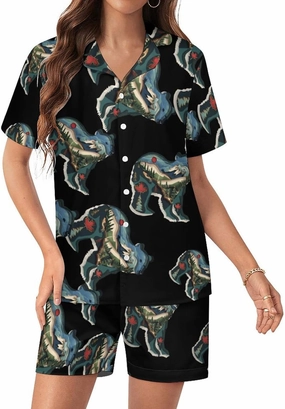 British Columbia Bear Women's Satin Pajama Set Short Sleeve Button Down Sleepwear Loungewear Pj Set