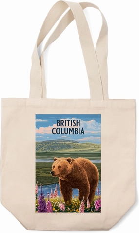 British Columbia, Painterly, Grizzly Bear in Meadow (100% Cotton Canvas Reusable Tote Bag)