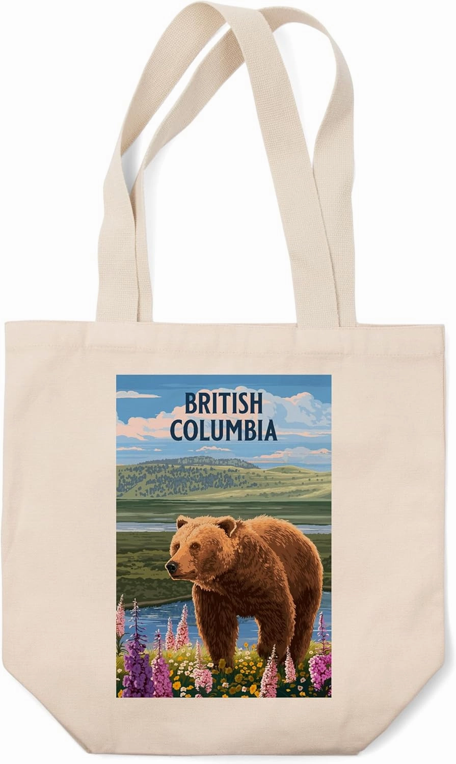 British Columbia, Painterly, Grizzly Bear in Meadow (100% Cotton Canvas Reusable Tote Bag)