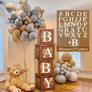 Brown Baby Balloon Boxes with 27 Letters - 4 Pcs Wooden Grain Baby Shower Blocks and A-Z B Letters Woodland and Teddy Bear Decoration for Baby Shower, Gender Reveal, 1st Birthday Party Backdrop.