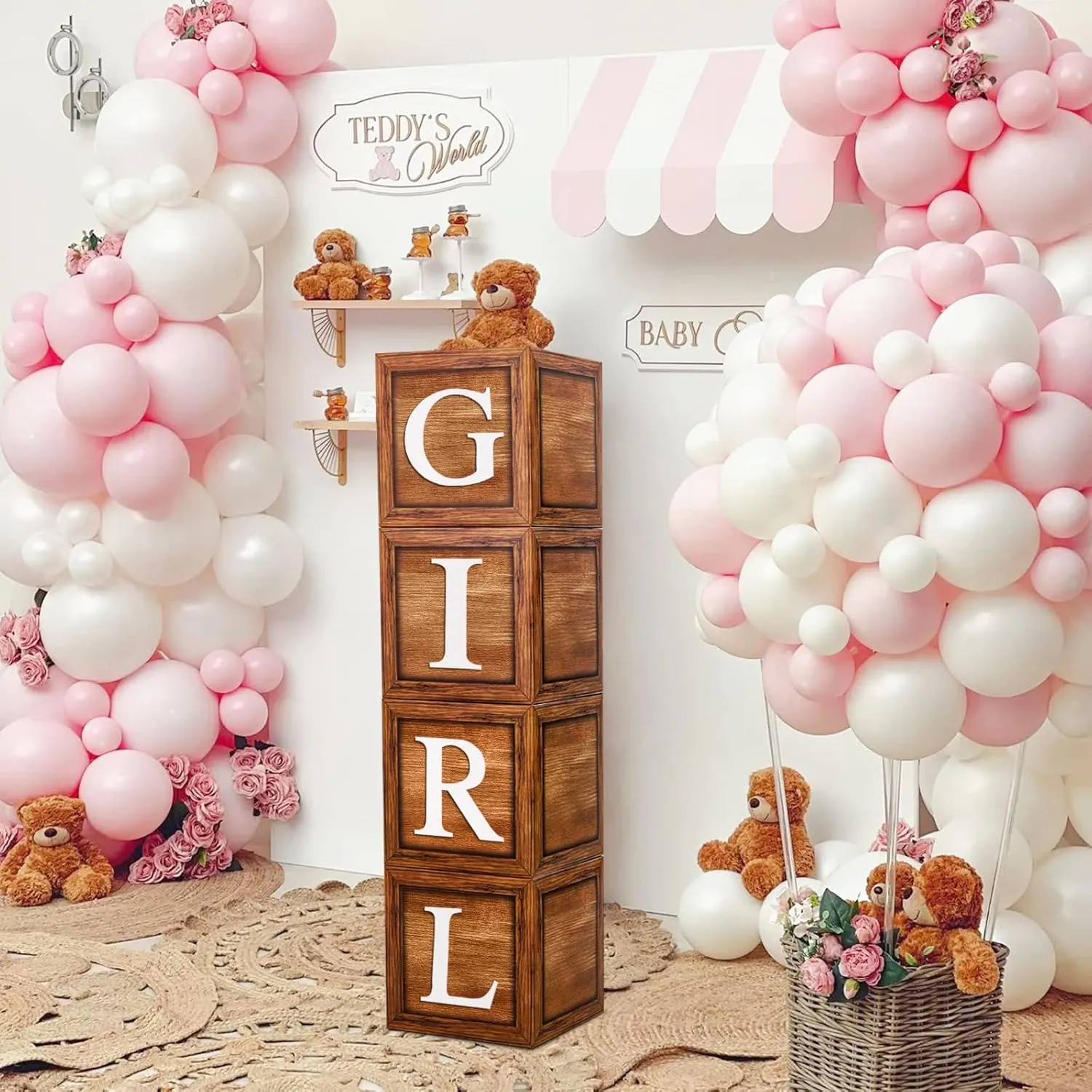 Brown Baby Balloon Boxes with 27 Letters - 4 Pcs Wooden Grain Baby Shower Blocks and A-Z B Letters Woodland and Teddy Bear Decoration for Baby Shower, Gender Reveal, 1st Birthday Party Backdrop.