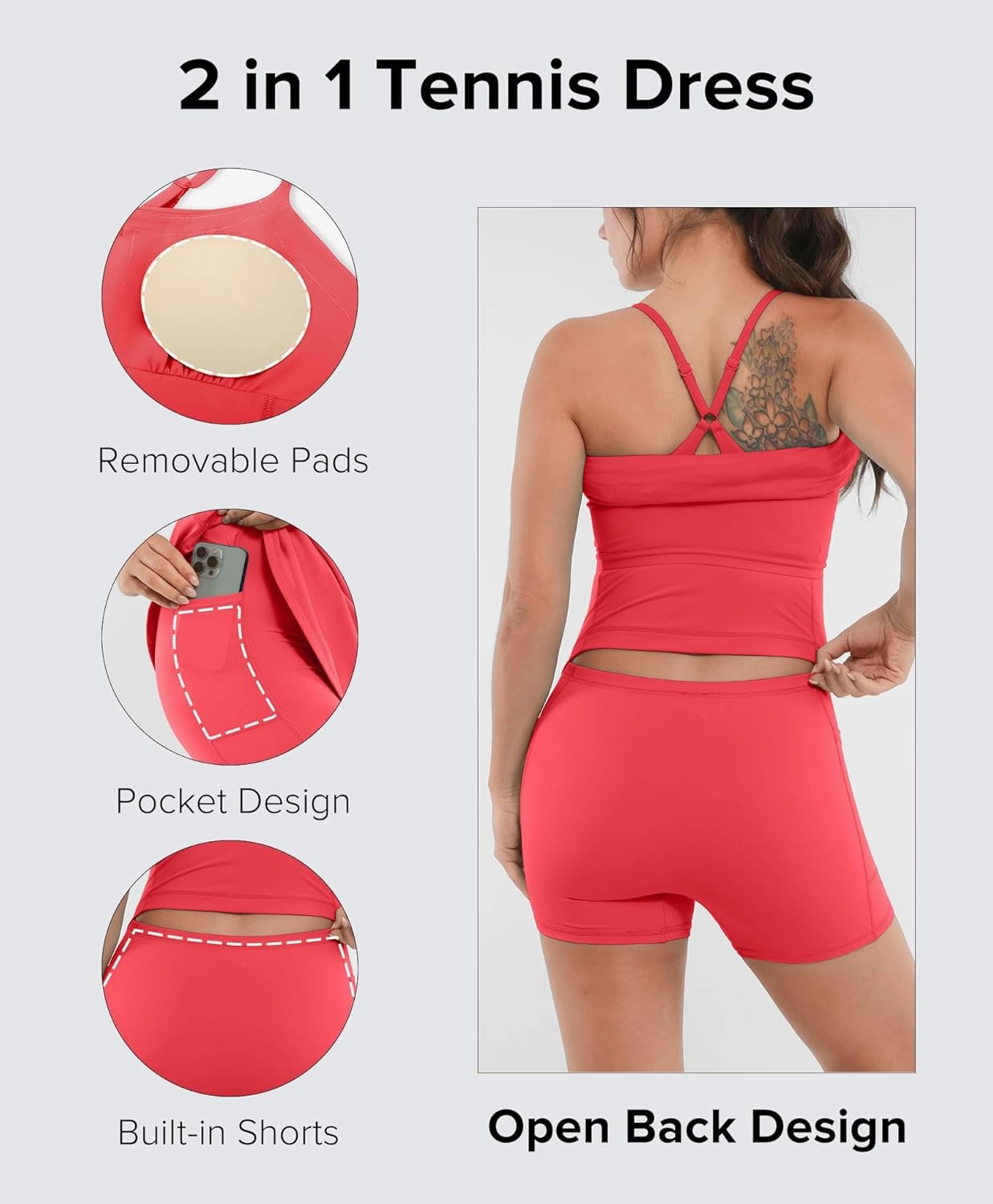 BRXL Womens Tennis Dress UPF 50  Built-in Shorts and Bra Adjustable Straps Golf Workout Athletic Dresses Summer Activewear