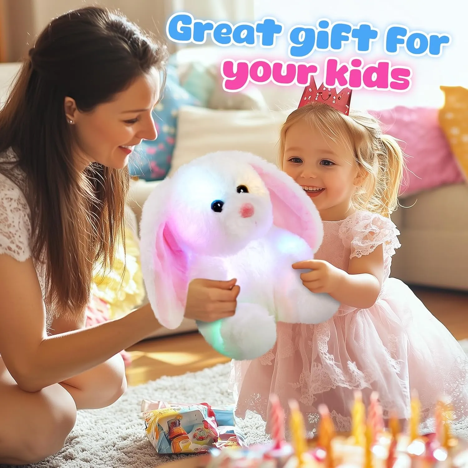 BSTAOFY Bunny Stuffed Animal, Light up White Bunny Soft Plush Toy LED Rabbit Lop Ear Night Light Stuffed Animals Easter Birthday Easter Christmas Festival Gift for Kids Toddlers, 8''