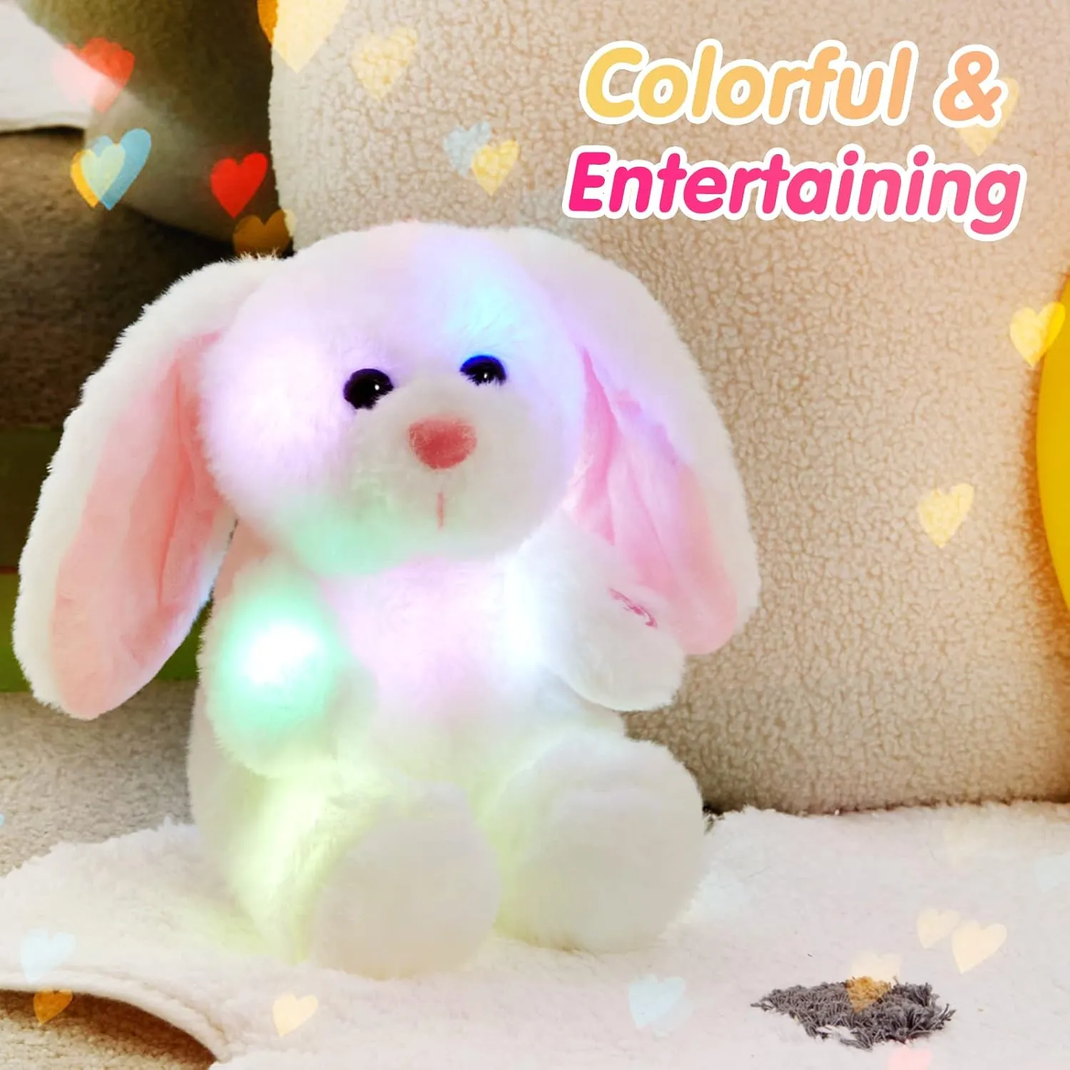 BSTAOFY Bunny Stuffed Animal, Light up White Bunny Soft Plush Toy LED Rabbit Lop Ear Night Light Stuffed Animals Easter Birthday Easter Christmas Festival Gift for Kids Toddlers, 8''