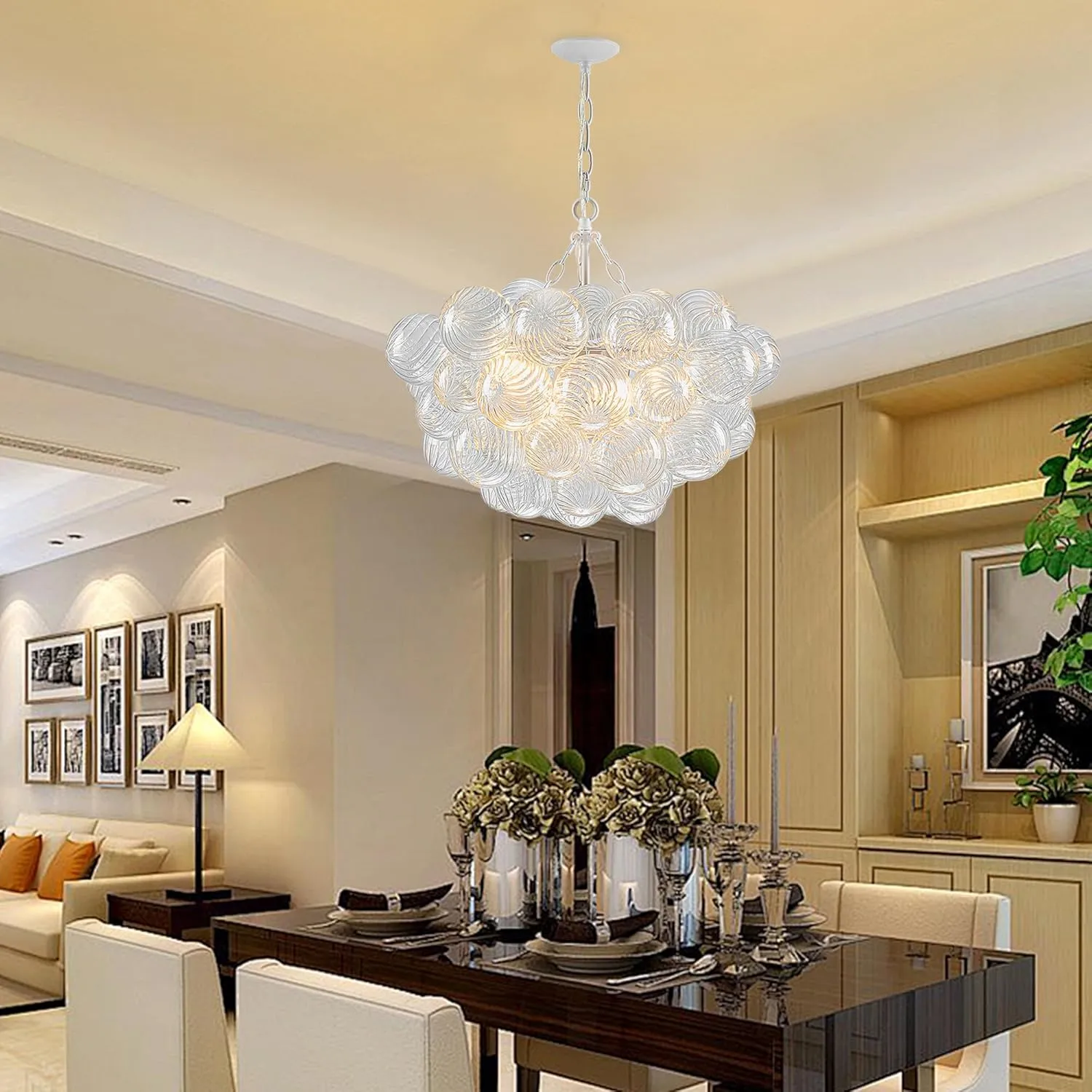 Bubble Glass Ball Chandelier White Finish Light Fixtures Swirled Clear Globe Blown Glass Chandeliers 20" Dia Small Cluster Pendant Lights for Dining Room Kitchen Bathroom Entry Bedroom