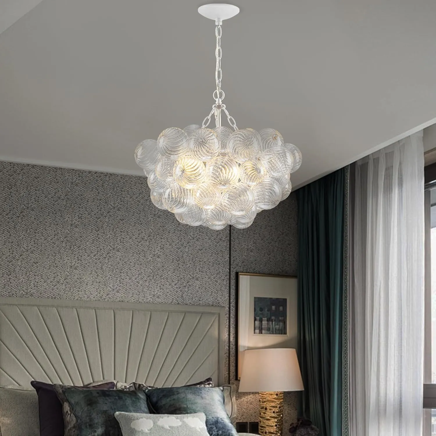 Bubble Glass Ball Chandelier White Finish Light Fixtures Swirled Clear Globe Blown Glass Chandeliers 20" Dia Small Cluster Pendant Lights for Dining Room Kitchen Bathroom Entry Bedroom