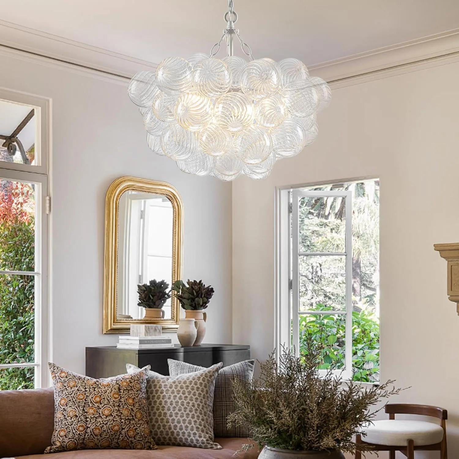 Bubble Glass Ball Chandelier White Finish Light Fixtures Swirled Clear Globe Blown Glass Chandeliers 20" Dia Small Cluster Pendant Lights for Dining Room Kitchen Bathroom Entry Bedroom