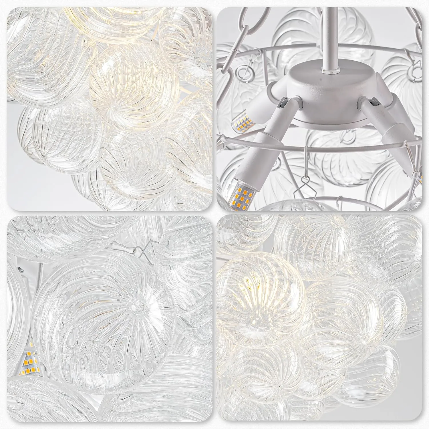 Bubble Glass Ball Chandelier White Finish Light Fixtures Swirled Clear Globe Blown Glass Chandeliers 20" Dia Small Cluster Pendant Lights for Dining Room Kitchen Bathroom Entry Bedroom