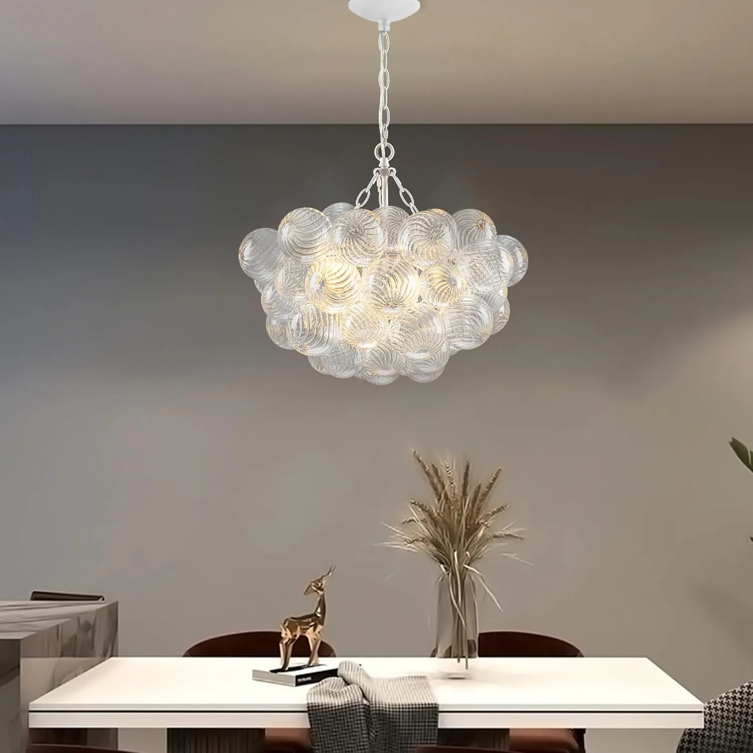 Bubble Glass Ball Chandelier White Finish Light Fixtures Swirled Clear Globe Blown Glass Chandeliers 20" Dia Small Cluster Pendant Lights for Dining Room Kitchen Bathroom Entry Bedroom