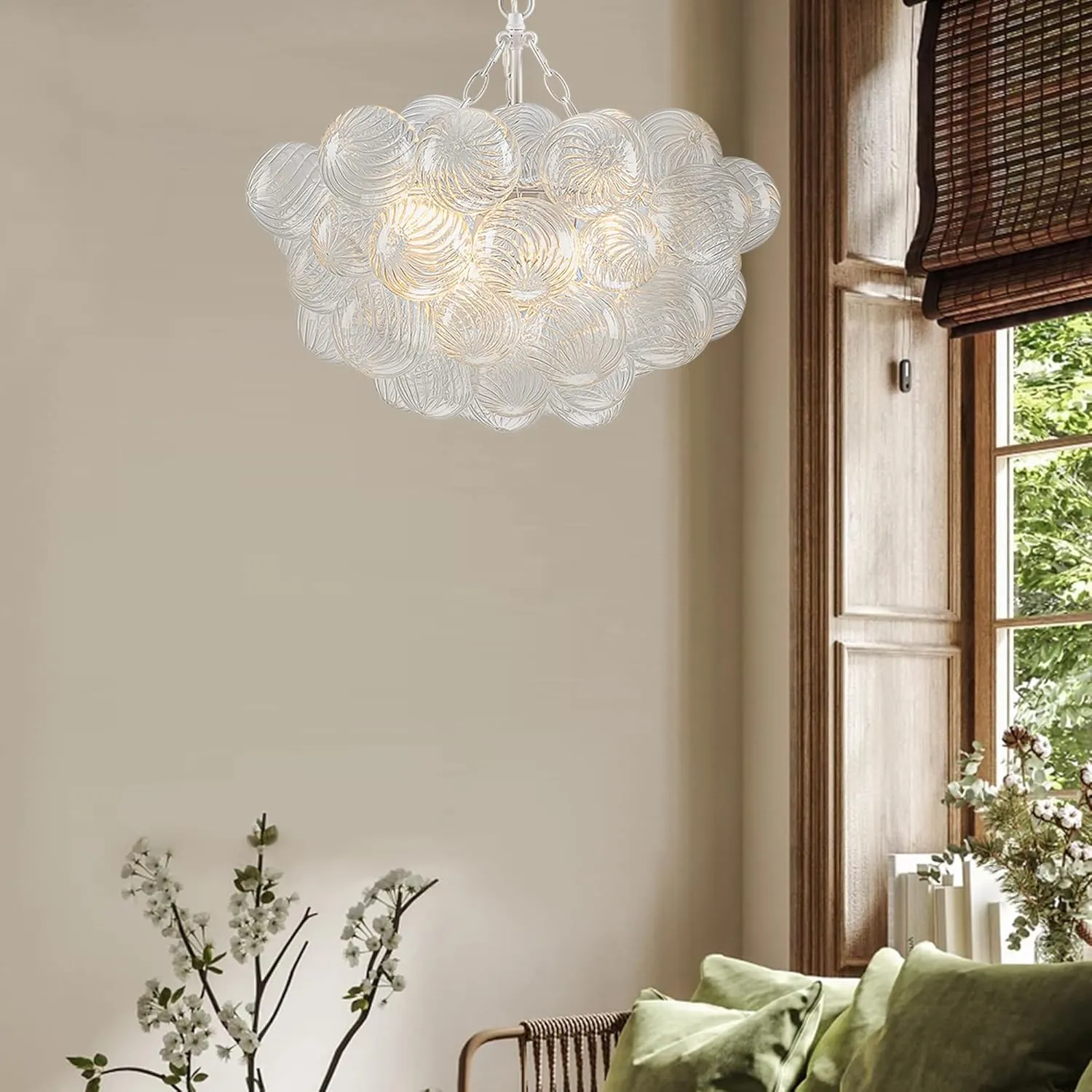 Bubble Glass Ball Chandelier White Finish Light Fixtures Swirled Clear Globe Blown Glass Chandeliers 20" Dia Small Cluster Pendant Lights for Dining Room Kitchen Bathroom Entry Bedroom