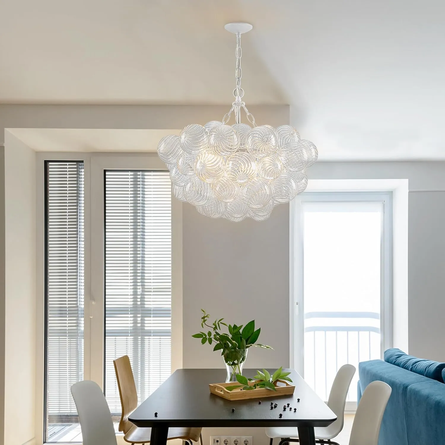 Bubble Glass Ball Chandelier White Finish Light Fixtures Swirled Clear Globe Blown Glass Chandeliers 20" Dia Small Cluster Pendant Lights for Dining Room Kitchen Bathroom Entry Bedroom