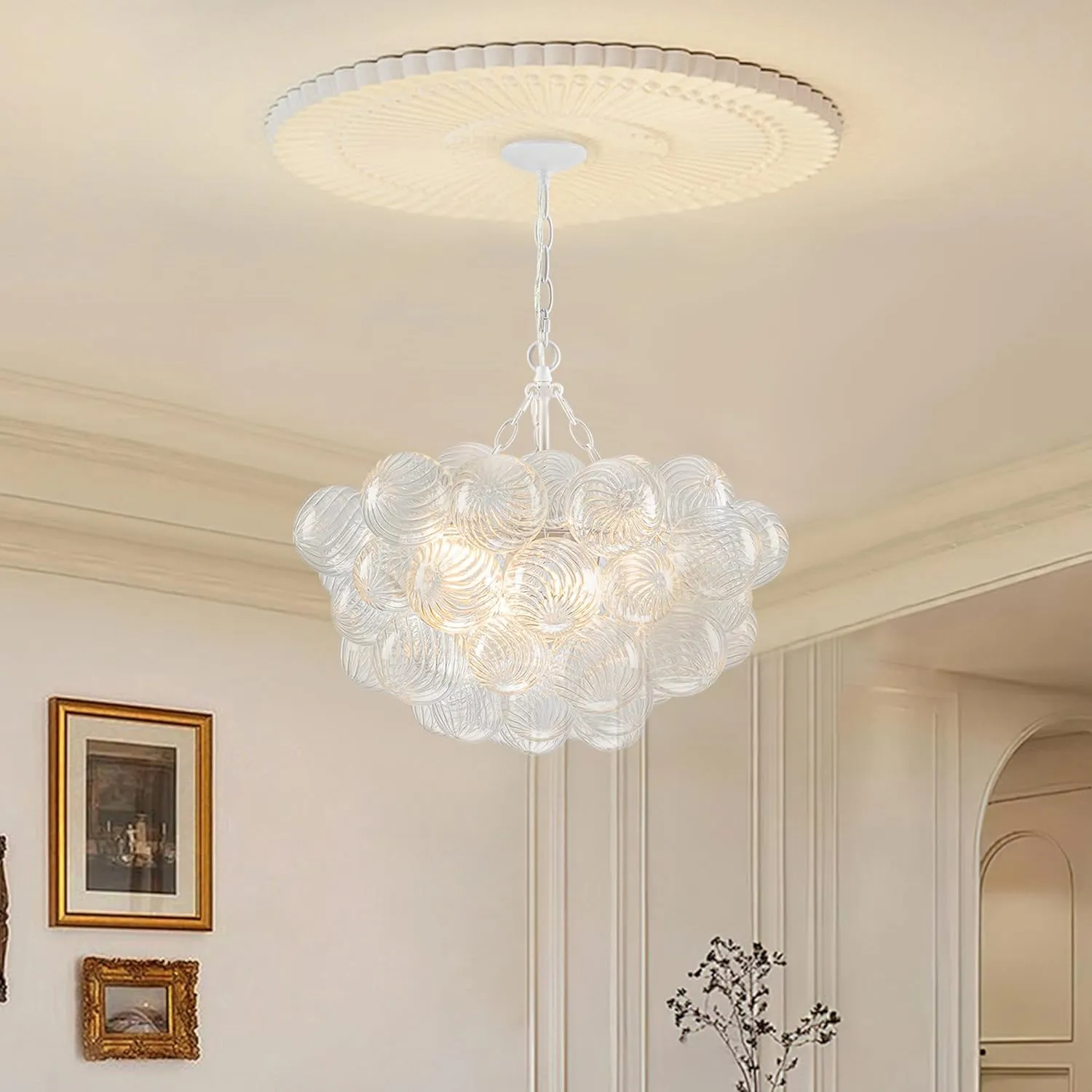 Bubble Glass Ball Chandelier White Finish Light Fixtures Swirled Clear Globe Blown Glass Chandeliers 20" Dia Small Cluster Pendant Lights for Dining Room Kitchen Bathroom Entry Bedroom