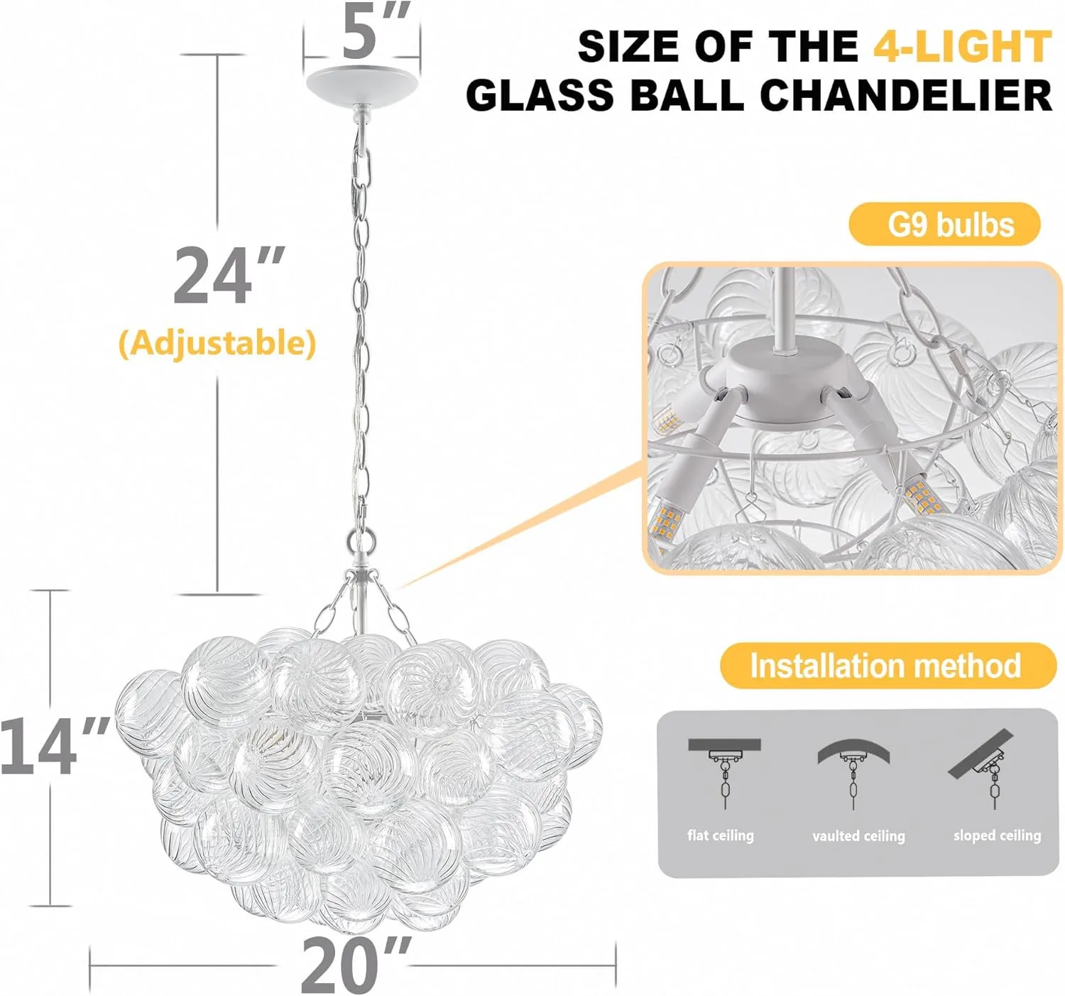 Bubble Glass Ball Chandelier White Finish Light Fixtures Swirled Clear Globe Blown Glass Chandeliers 20" Dia Small Cluster Pendant Lights for Dining Room Kitchen Bathroom Entry Bedroom