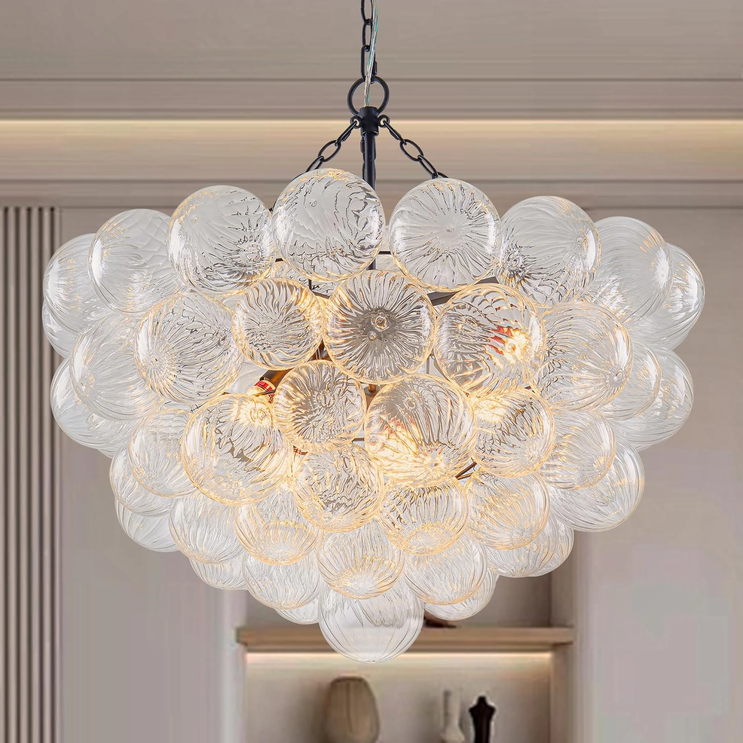 Bubble Ball Glass Chandelier Black Finish Swirled Clear Blown Glass 32" Dia Cluster Ribbed Globe Pendant Light Fixture for Bedroom Dining Table Farmhouse Bathroom Entryway