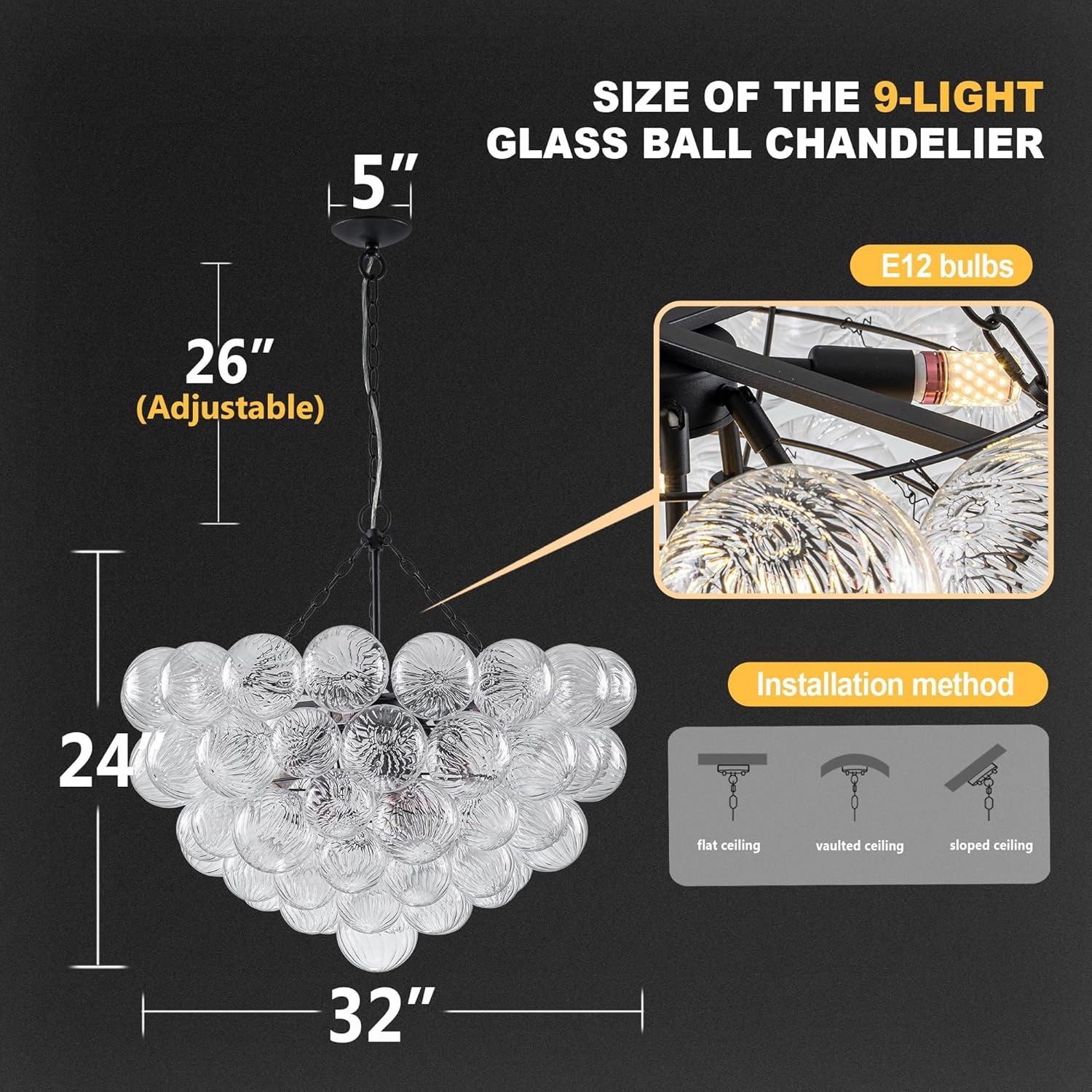 Bubble Ball Glass Chandelier Black Finish Swirled Clear Blown Glass 32" Dia Cluster Ribbed Globe Pendant Light Fixture for Bedroom Dining Table Farmhouse Bathroom Entryway