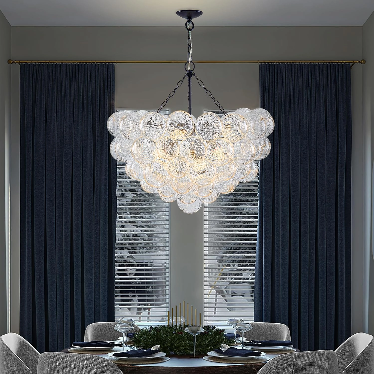 Bubble Ball Glass Chandelier Black Finish Swirled Clear Blown Glass 32" Dia Cluster Ribbed Globe Pendant Light Fixture for Bedroom Dining Table Farmhouse Bathroom Entryway