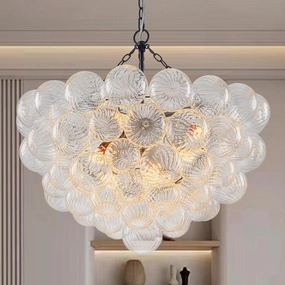 Bubble Ball Glass Chandelier Black Finish Swirled Clear Blown Glass 32" Dia Cluster Ribbed Globe Pendant Light Fixture for Bedroom Dining Table Farmhouse Bathroom Entryway