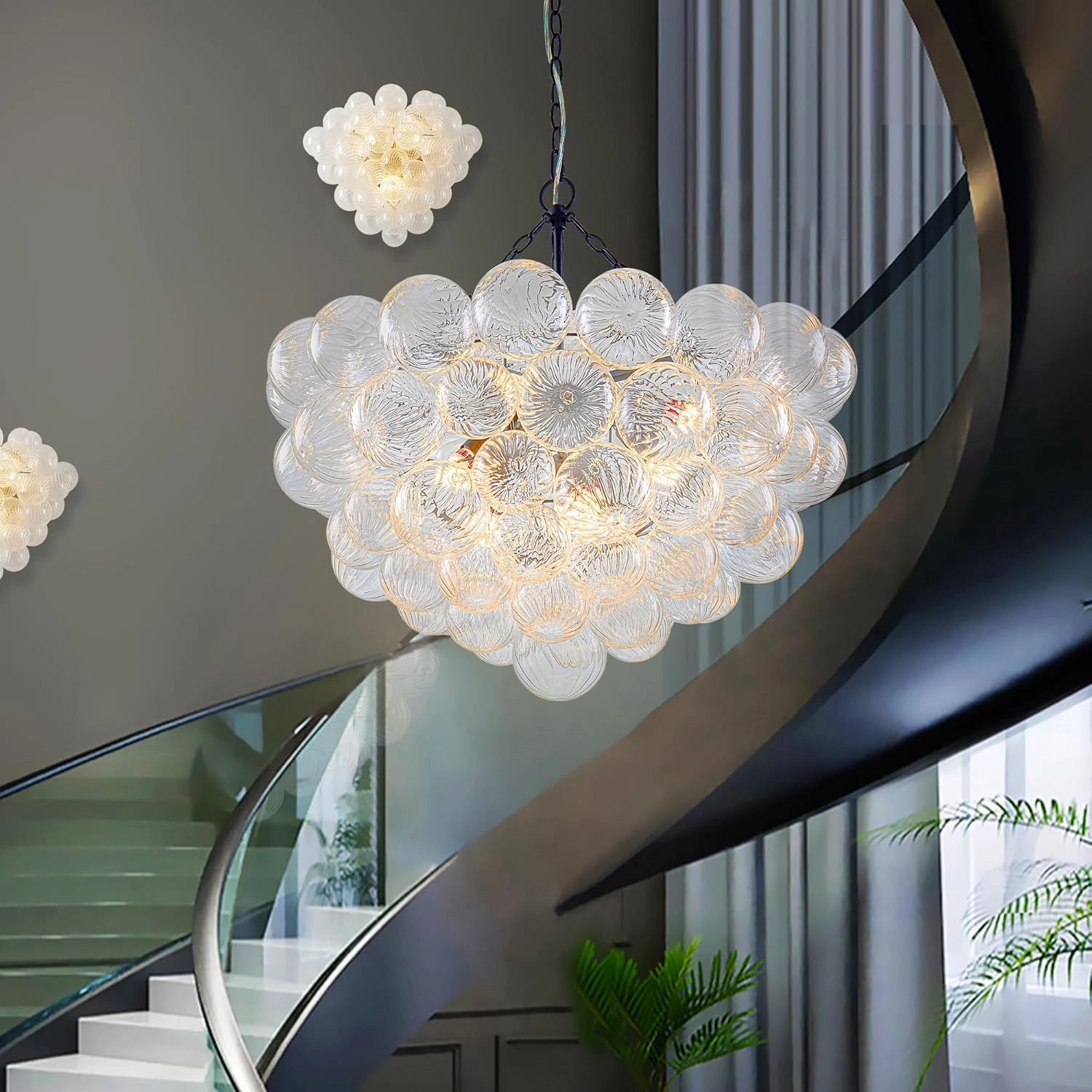 Bubble Ball Glass Chandelier Black Finish Swirled Clear Blown Glass 32" Dia Cluster Ribbed Globe Pendant Light Fixture for Bedroom Dining Table Farmhouse Bathroom Entryway