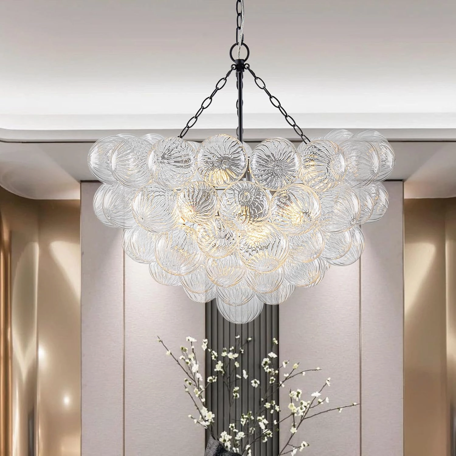 Bubble Ball Glass Chandelier Black Finish Swirled Clear Blown Glass 32" Dia Cluster Ribbed Globe Pendant Light Fixture for Bedroom Dining Table Farmhouse Bathroom Entryway