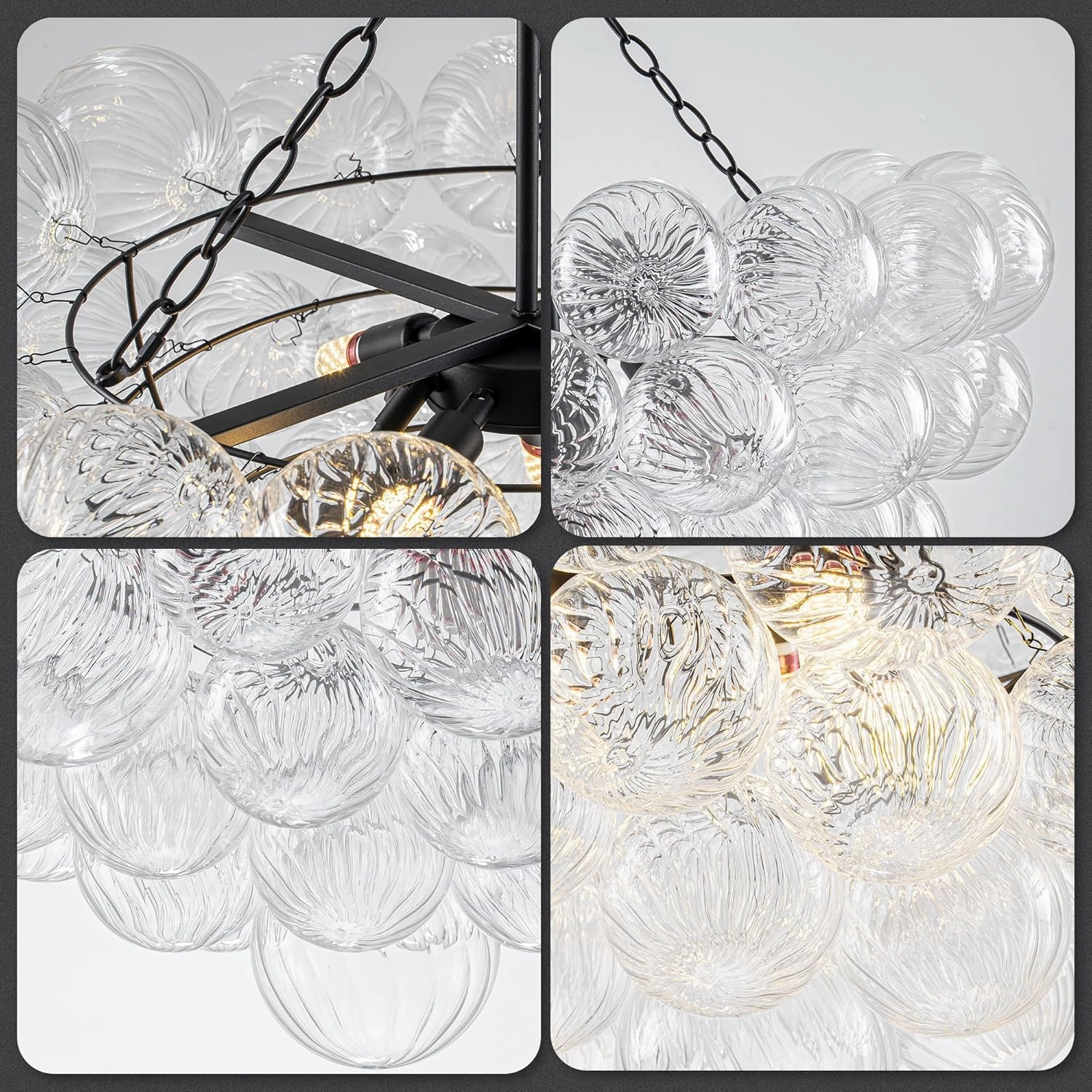 Bubble Ball Glass Chandelier Black Finish Swirled Clear Blown Glass 32" Dia Cluster Ribbed Globe Pendant Light Fixture for Bedroom Dining Table Farmhouse Bathroom Entryway