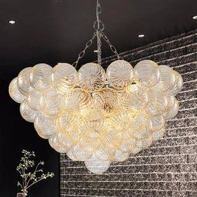 Bubble Ball Glass Chandelier Nickel-Plated Swirled Clear Blown Glass Chandeliers 32" Dia Cluster Ribbed Globe Ceiling Pendant Light Fixture for Dining Table Bedroom Bathroom Entryway