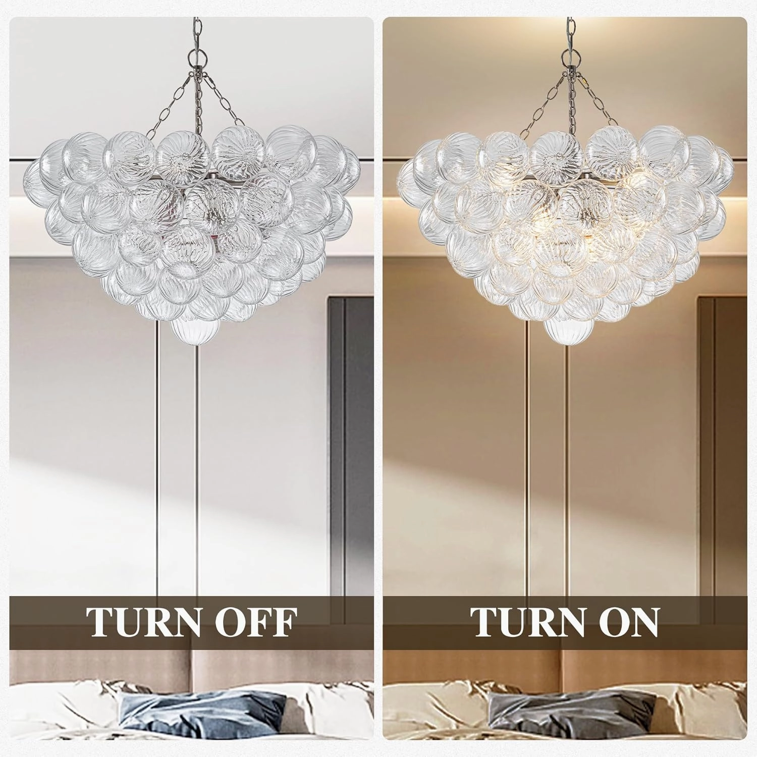Bubble Ball Glass Chandelier Nickel-Plated Swirled Clear Blown Glass Chandeliers 32" Dia Cluster Ribbed Globe Ceiling Pendant Light Fixture for Dining Table Bedroom Bathroom Entryway