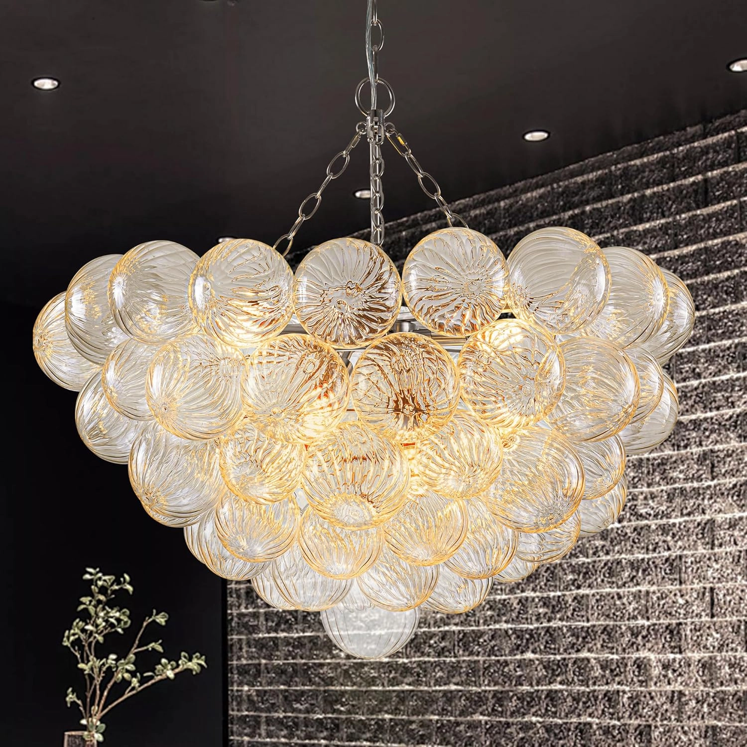 Bubble Ball Glass Chandelier Nickel-Plated Swirled Clear Blown Glass Chandeliers 32" Dia Cluster Ribbed Globe Ceiling Pendant Light Fixture for Dining Table Bedroom Bathroom Entryway