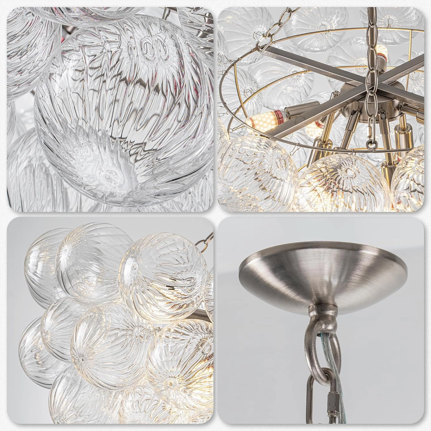 Bubble Ball Glass Chandelier Nickel-Plated Swirled Clear Blown Glass Chandeliers 32" Dia Cluster Ribbed Globe Ceiling Pendant Light Fixture for Dining Table Bedroom Bathroom Entryway