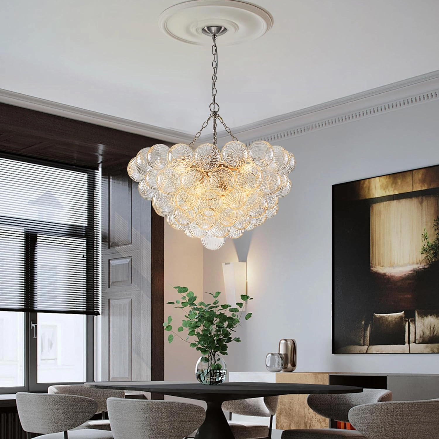 Bubble Ball Glass Chandelier Nickel-Plated Swirled Clear Blown Glass Chandeliers 32" Dia Cluster Ribbed Globe Ceiling Pendant Light Fixture for Dining Table Bedroom Bathroom Entryway