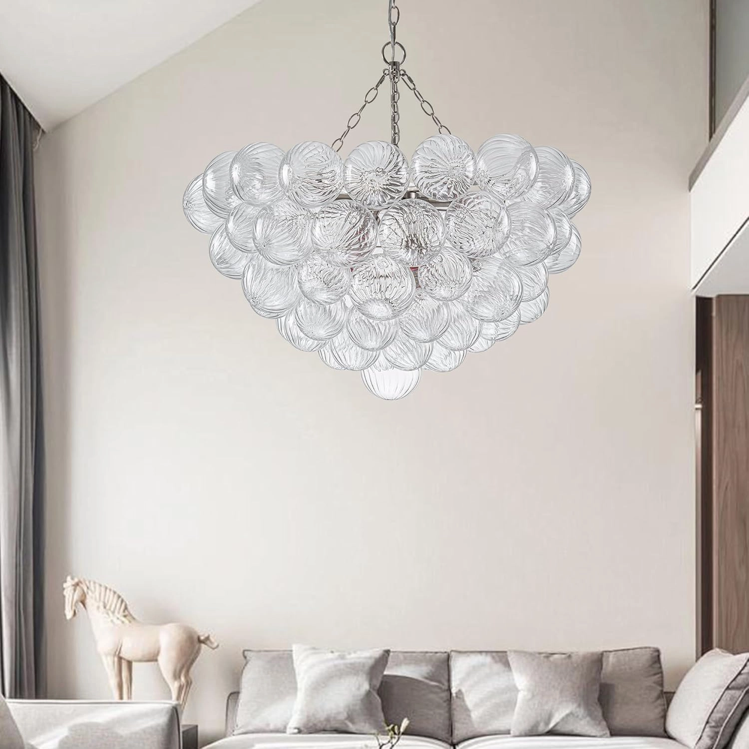 Bubble Ball Glass Chandelier Nickel-Plated Swirled Clear Blown Glass Chandeliers 32" Dia Cluster Ribbed Globe Ceiling Pendant Light Fixture for Dining Table Bedroom Bathroom Entryway