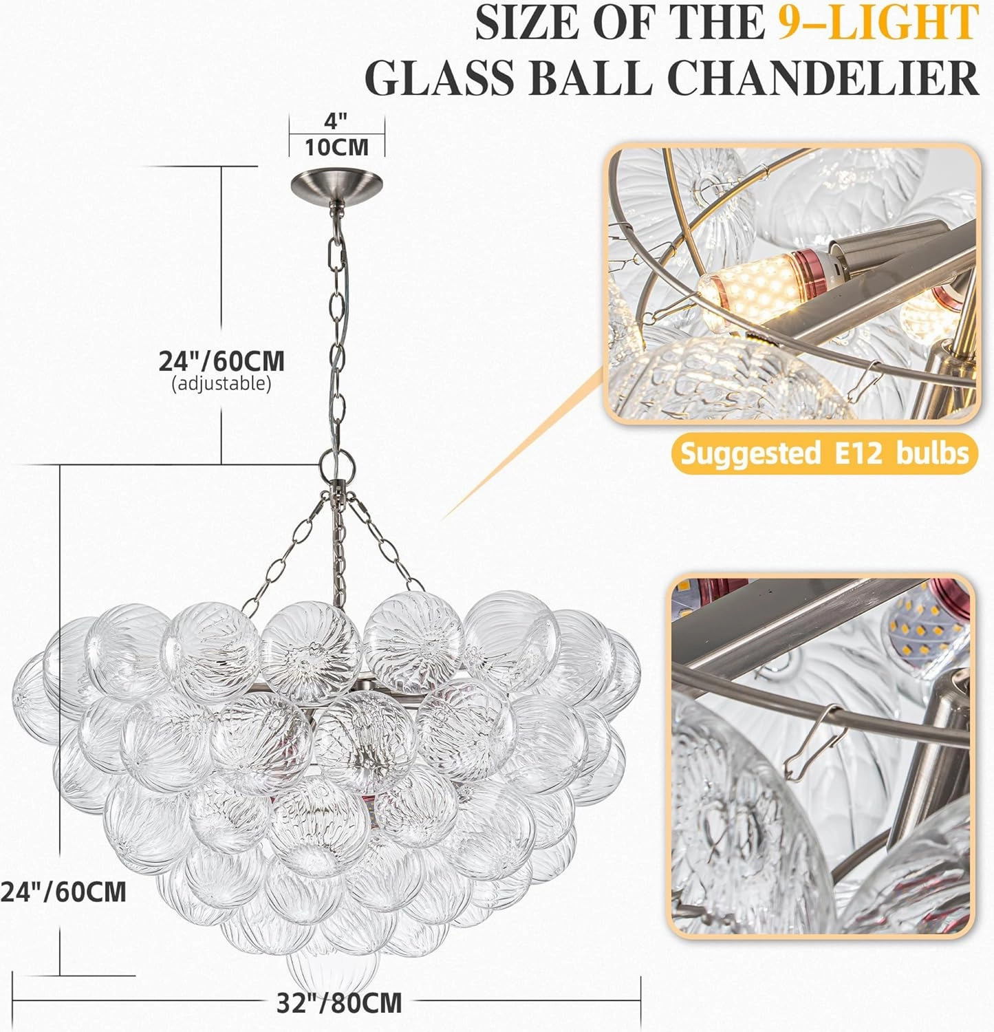 Bubble Ball Glass Chandelier Nickel-Plated Swirled Clear Blown Glass Chandeliers 32" Dia Cluster Ribbed Globe Ceiling Pendant Light Fixture for Dining Table Bedroom Bathroom Entryway